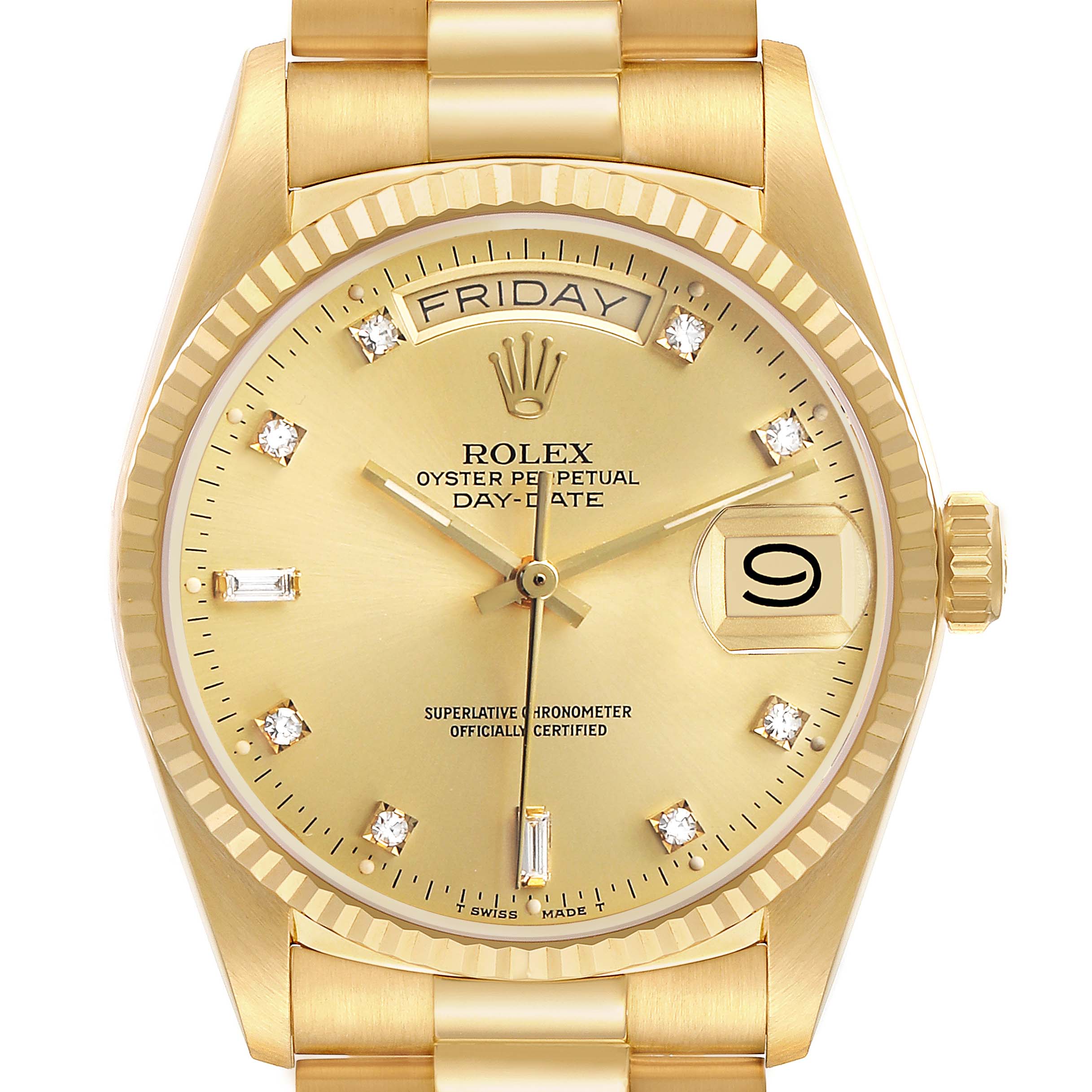 The Rolex President 18038 Men's Yellow Gold Champagne Dial model is shown from the front, displaying the dial, bezel, day-date feature, and partial bracelet.