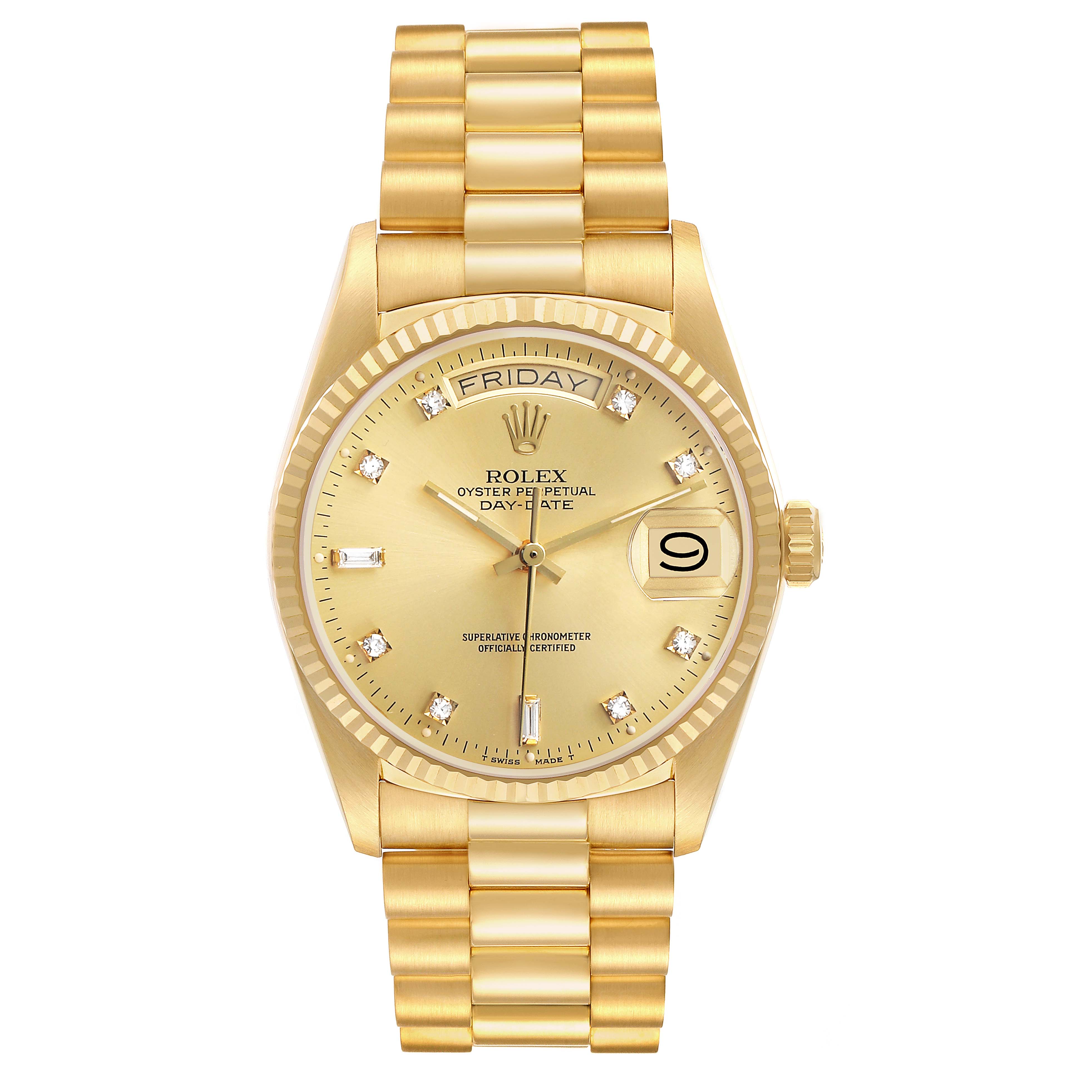 The Rolex President 18038 Men's Yellow Gold Champagne Dial model watch is shown from a front angle, highlighting its gold bracelet, dial, and fluted bezel.