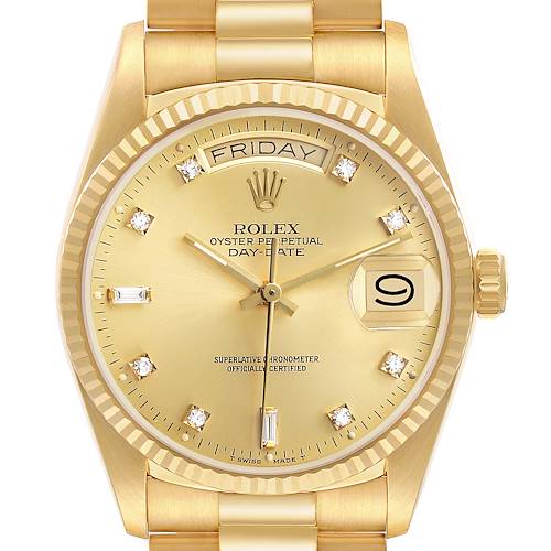 The Rolex President 18038 Men's Yellow Gold Champagne Dial watch is shown from a front angle, highlighting the dial, bezel, day, and date features.