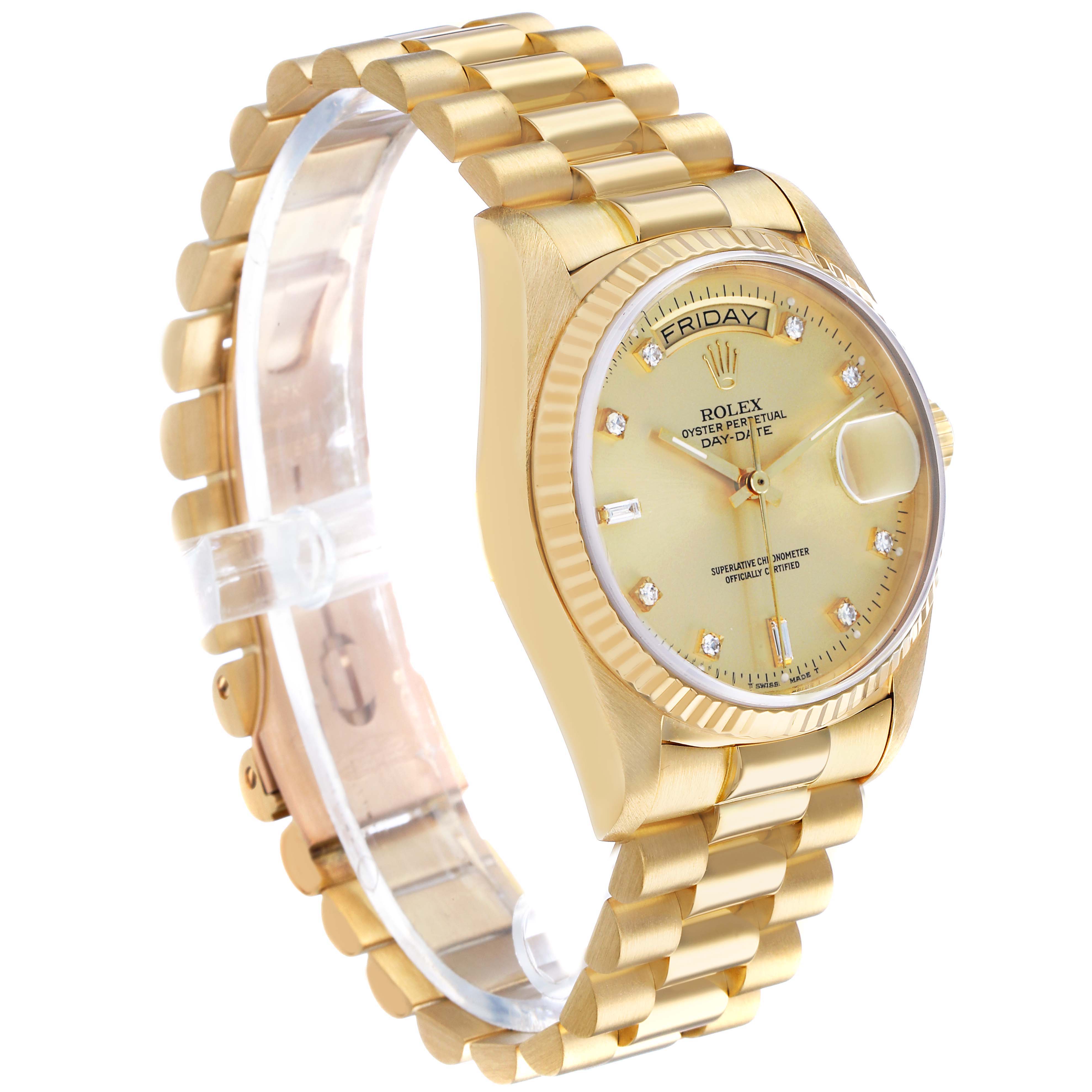 The Rolex President 18038 Men's Yellow Gold Champagne Dial model watch is shown at an angle displaying the dial, bezel, and bracelet.