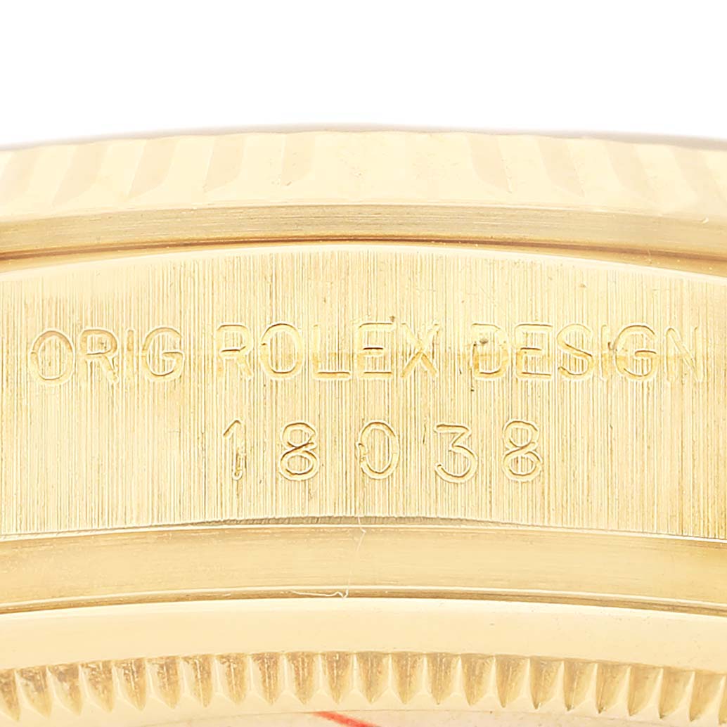 The image shows a close-up of the engraved side of a Rolex President 18038 Men's Yellow Gold Champagne Dial model watch, highlighting its model number.
