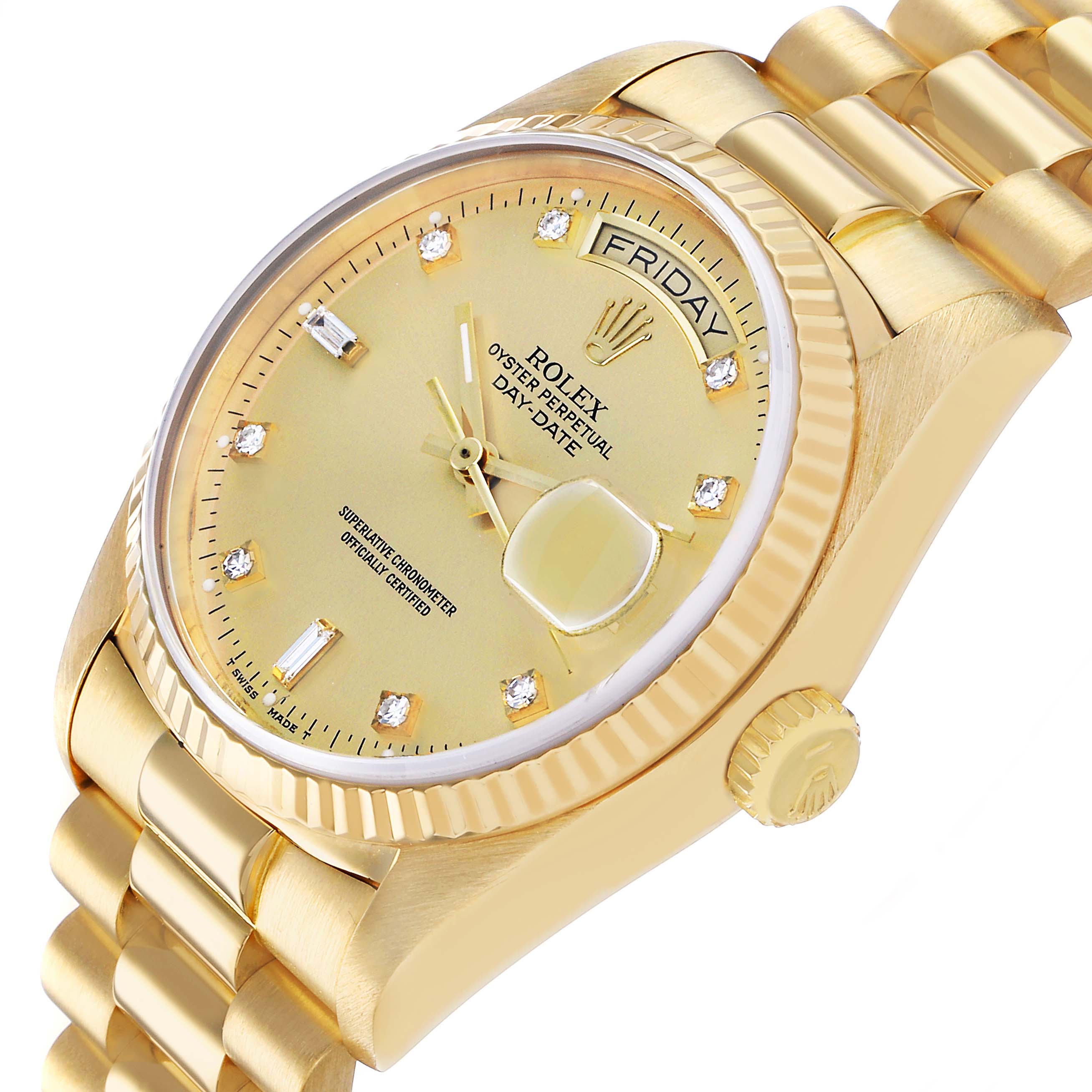 The Rolex President 18038 Men's Yellow Gold Champagne Dial watch is shown at an angled view, displaying the dial, bracelet, bezel, and crown.