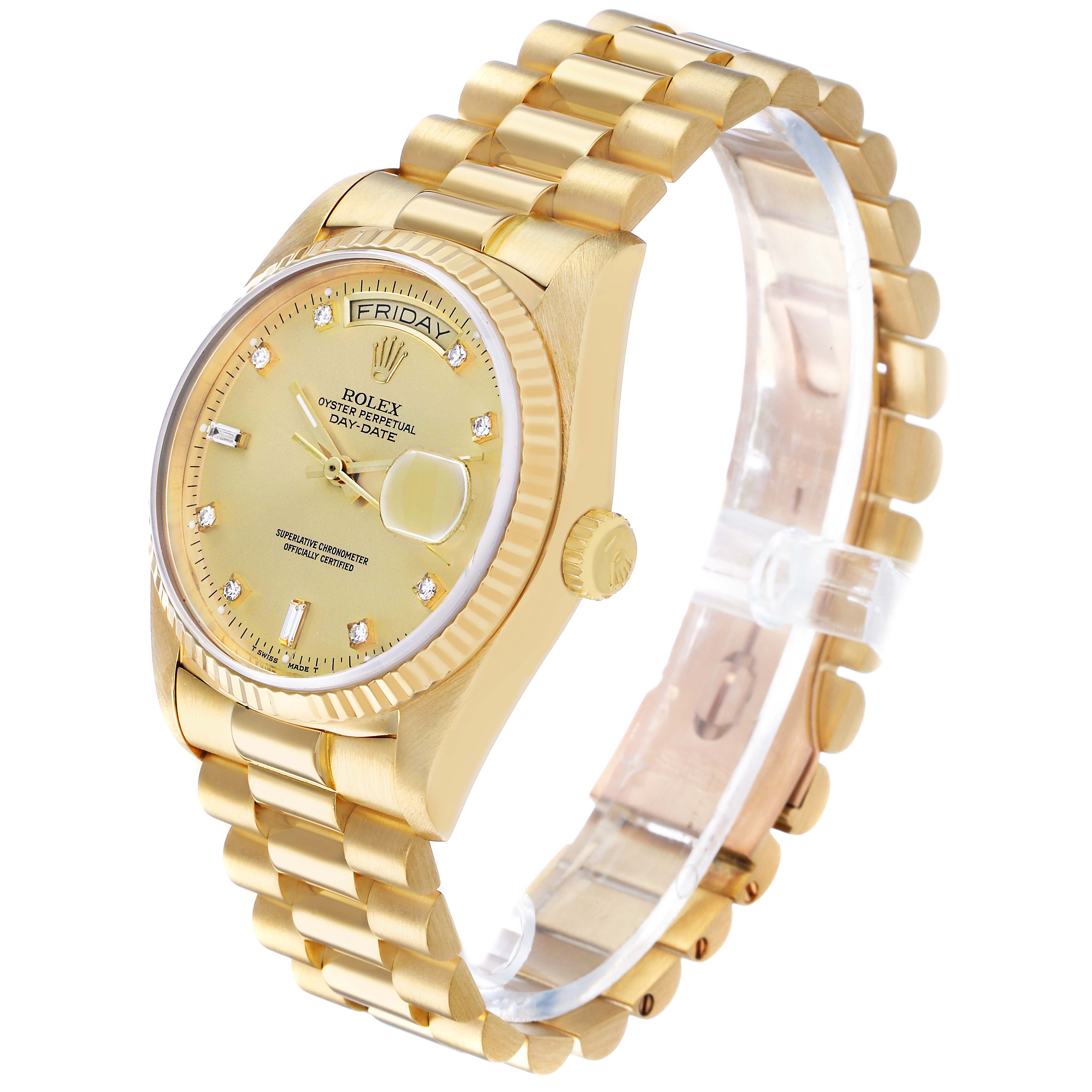 The Rolex President 18038 Men's Yellow Gold Champagne Dial model watch is shown at a three-quarter angle, displaying its face, bezel, and bracelet.
