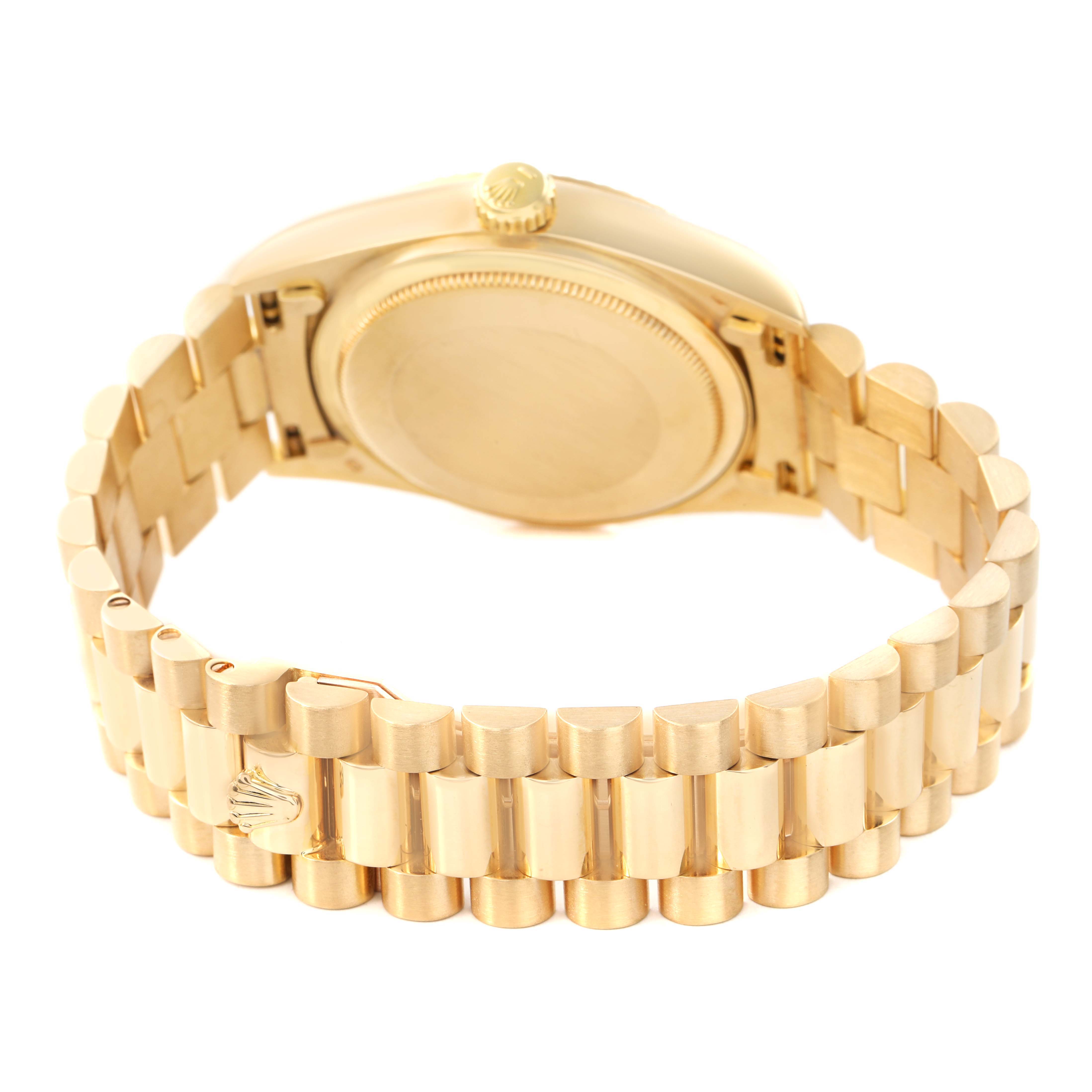 The image shows a Rolex President 18038 Men's Yellow Gold Champagne Dial model from the back, highlighting the bracelet and case back.