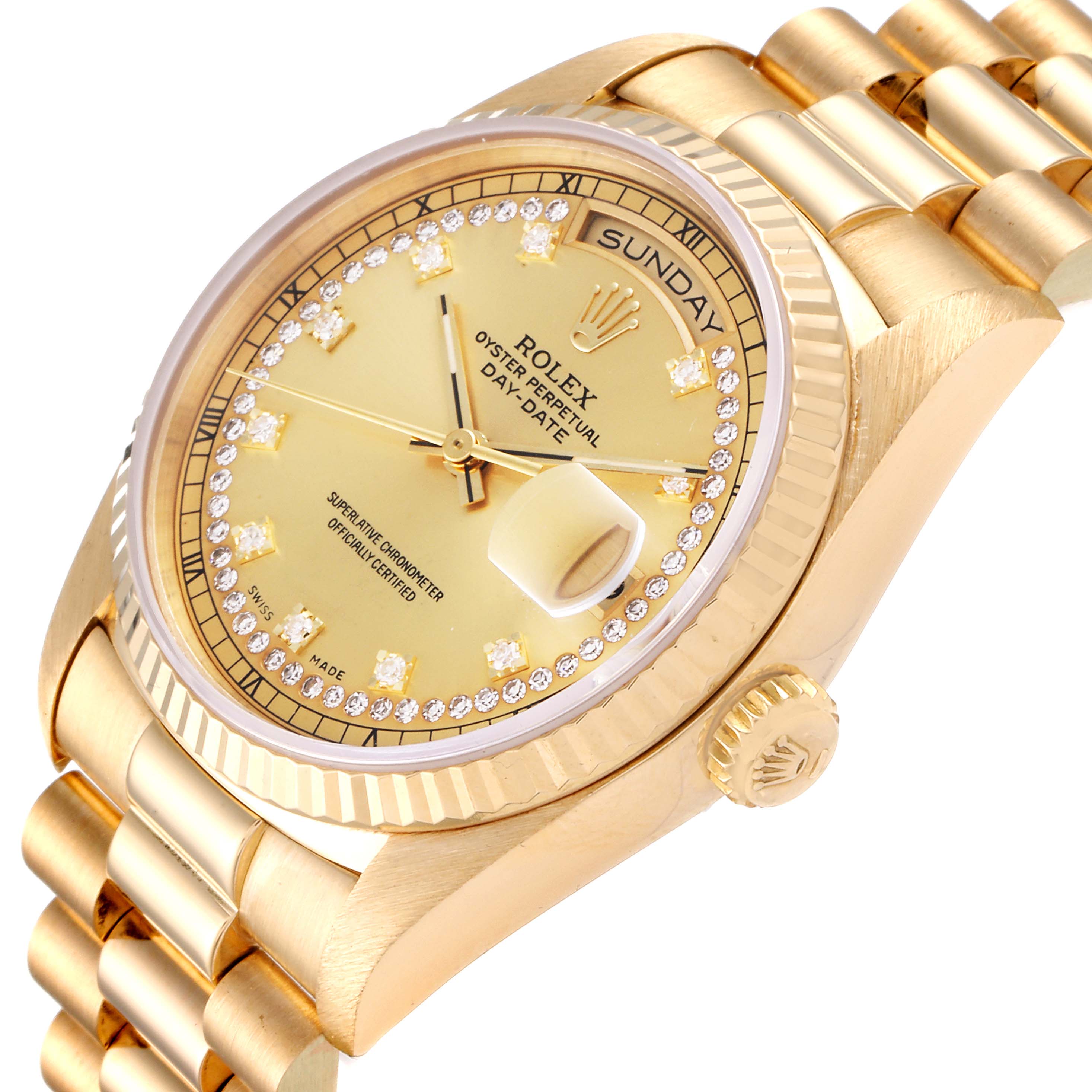 This image shows a close-up, angled view of the Rolex President 18238 Men
s Yellow Gold Champagne Dial 18238 Men
s Yellow Gold Champagne Dial model watch, highlighting the dial, bezel, crown, and bracelet.
