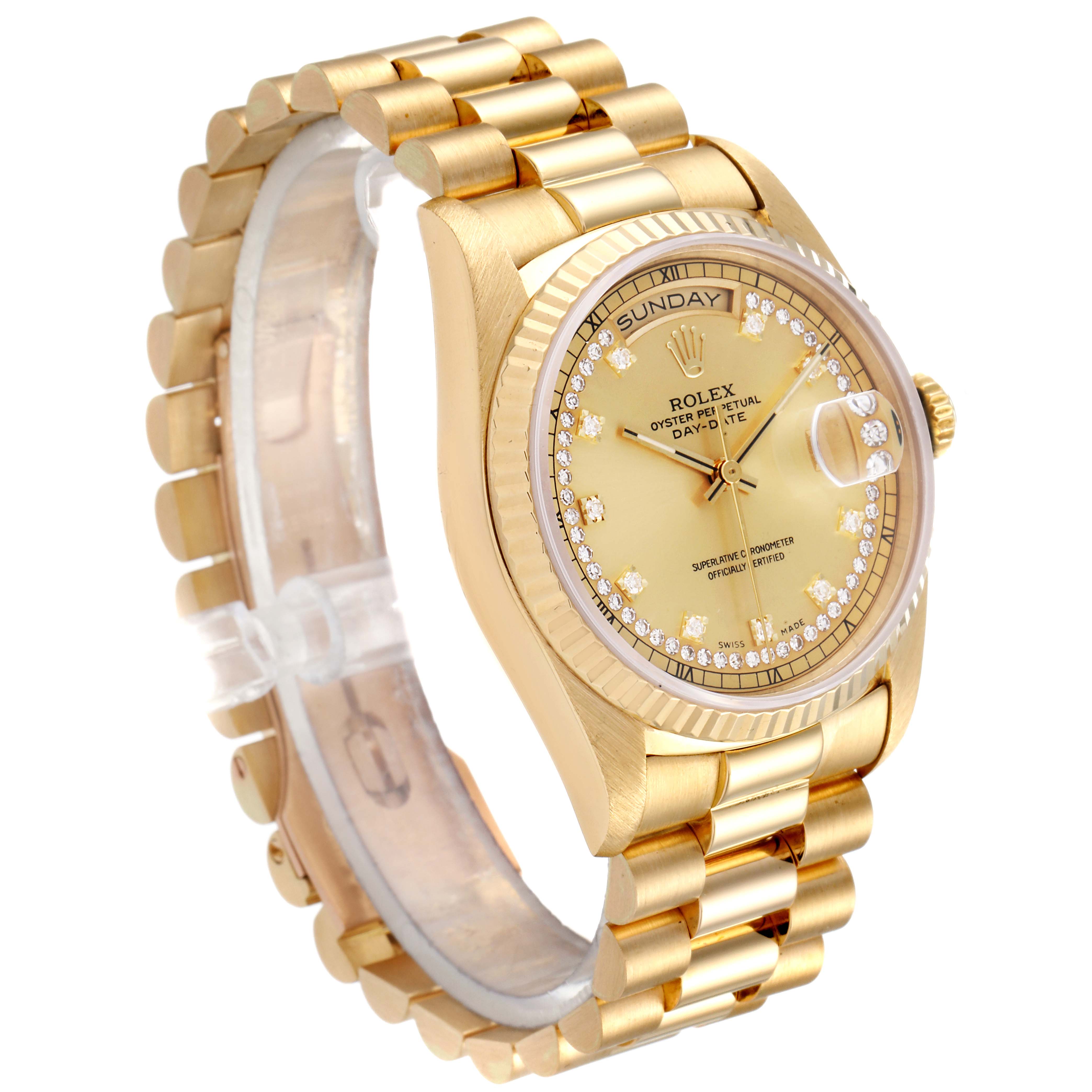 The Rolex President 18238 Men
s Yellow Gold Champagne Dial 18238 Men
s Yellow Gold Champagne Dial model watch is shown at an angle, highlighting its gold band, dial, and bezel.