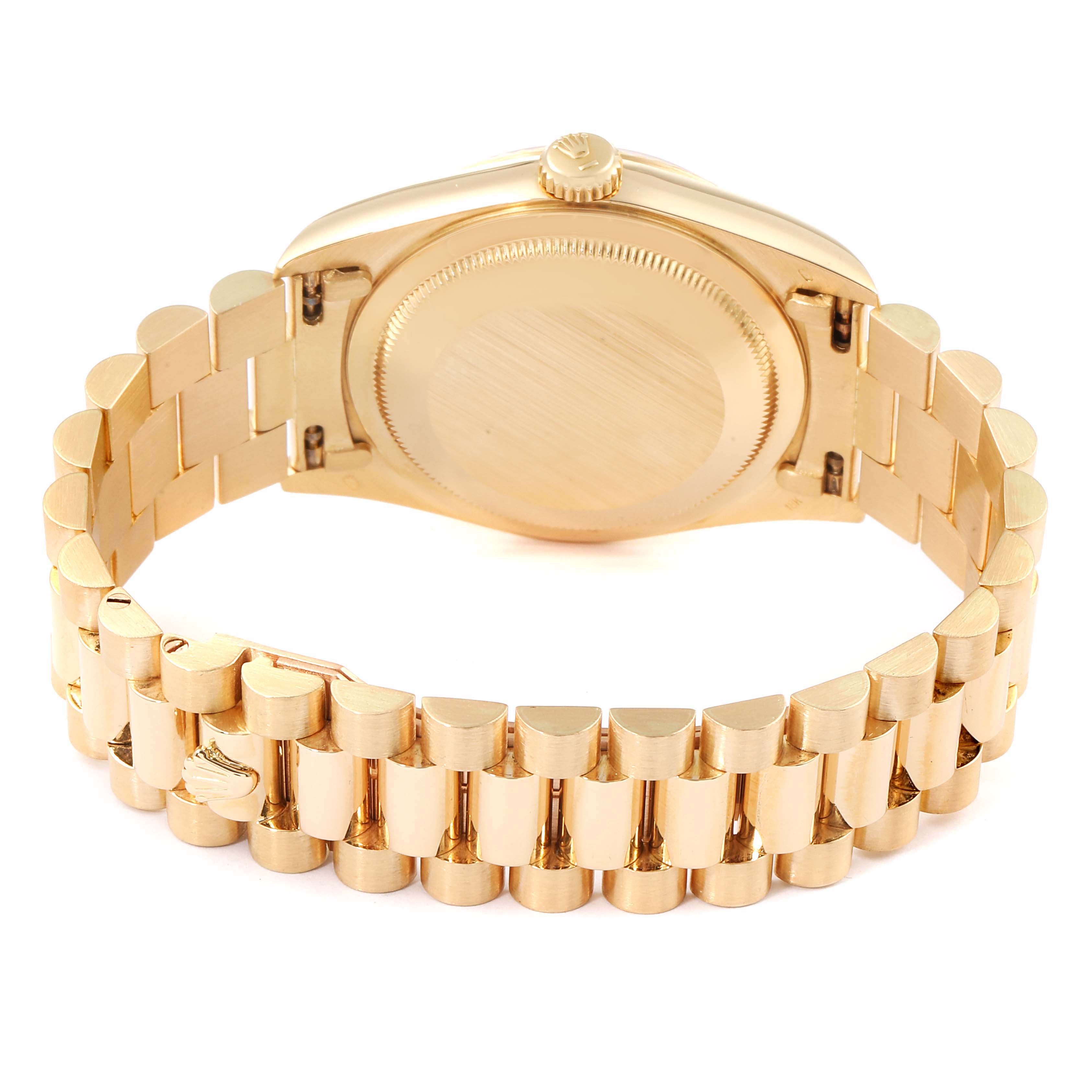 The image shows the back case and bracelet of a Rolex President 18238 Men
s Yellow Gold Champagne Dial 18238 Men
s Yellow Gold Champagne Dial model watch in a gold-tone finish.