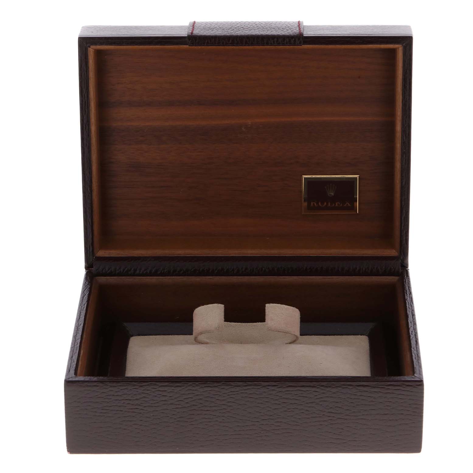 This image shows an open Rolex President 18238 Men
s Yellow Gold Champagne Dial 18238 Men
s Yellow Gold Champagne Dial watch box featuring a padded insert and wooden interior.