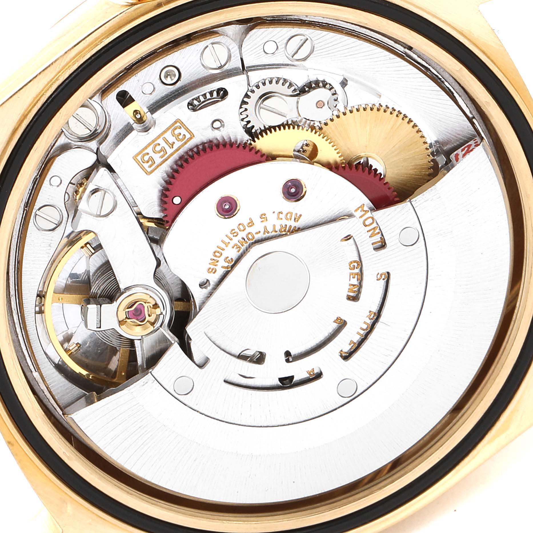 This image shows the internal movement and mechanism of a Rolex President 18238 Men
s Yellow Gold Champagne Dial 18238 Men
s Yellow Gold Champagne Dial model watch from a top-down angle.