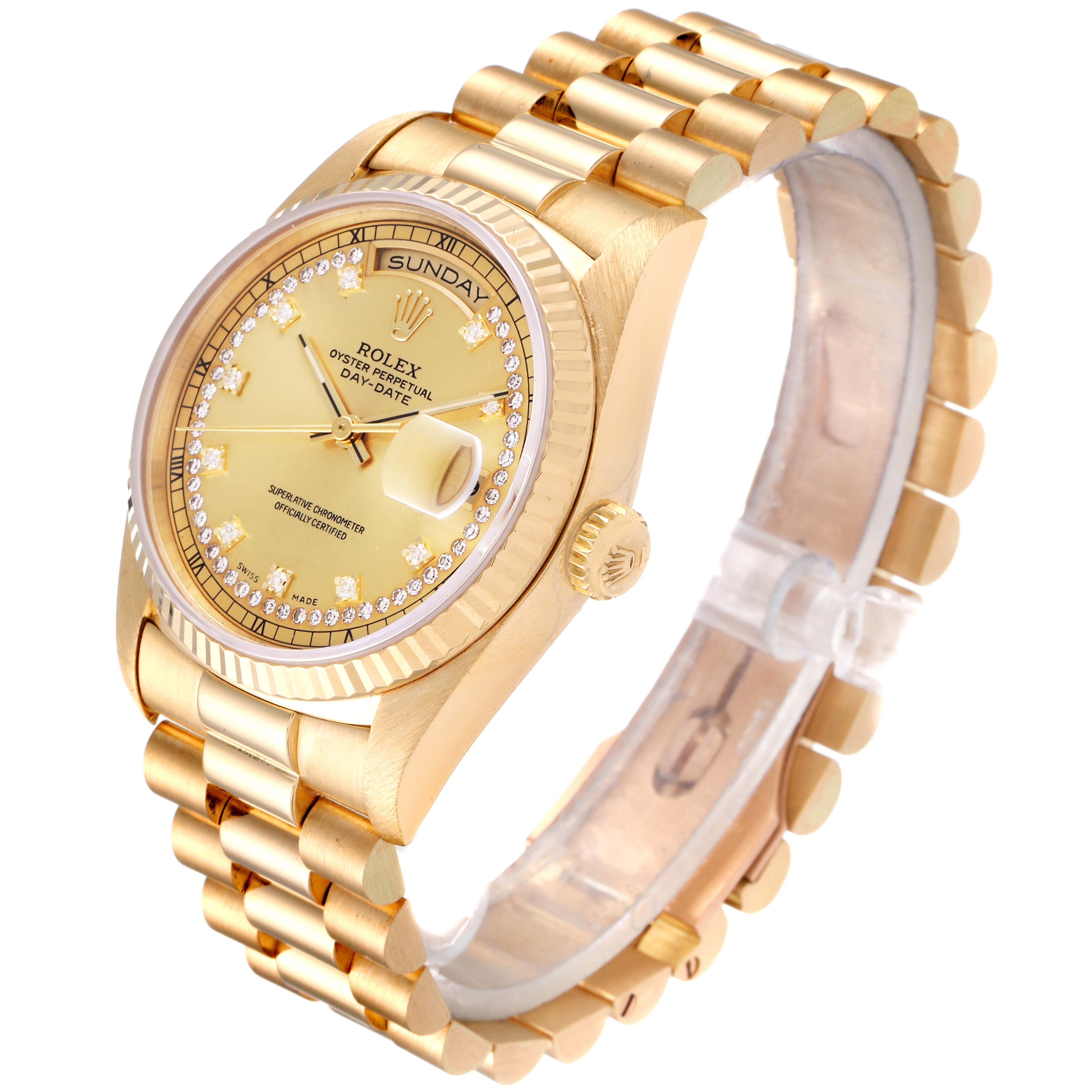 The Rolex President 18238 Men
s Yellow Gold Champagne Dial 18238 Men
s Yellow Gold Champagne Dial model watch is shown at an angled view, displaying its gold case, bracelet, fluted bezel, and diamond-set dial.
