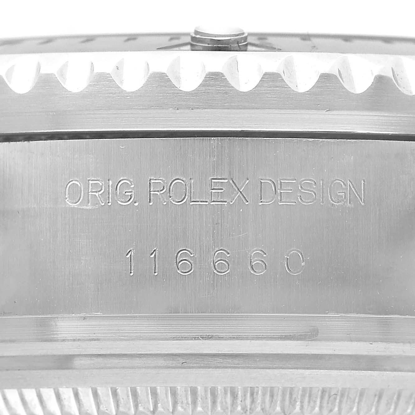 The image shows a close-up of the side case of a Rolex Sea-Dweller 116660 Men's Stainless Steel Black Dial, featuring engraving of the model number and design.