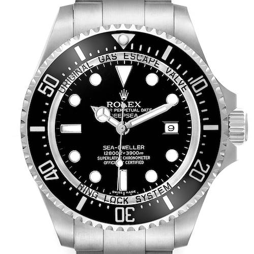 The image shows a front view of a Rolex Sea-Dweller 116660 Men's Stainless Steel Black Dial watch, highlighting the dial, bezel, and crown.