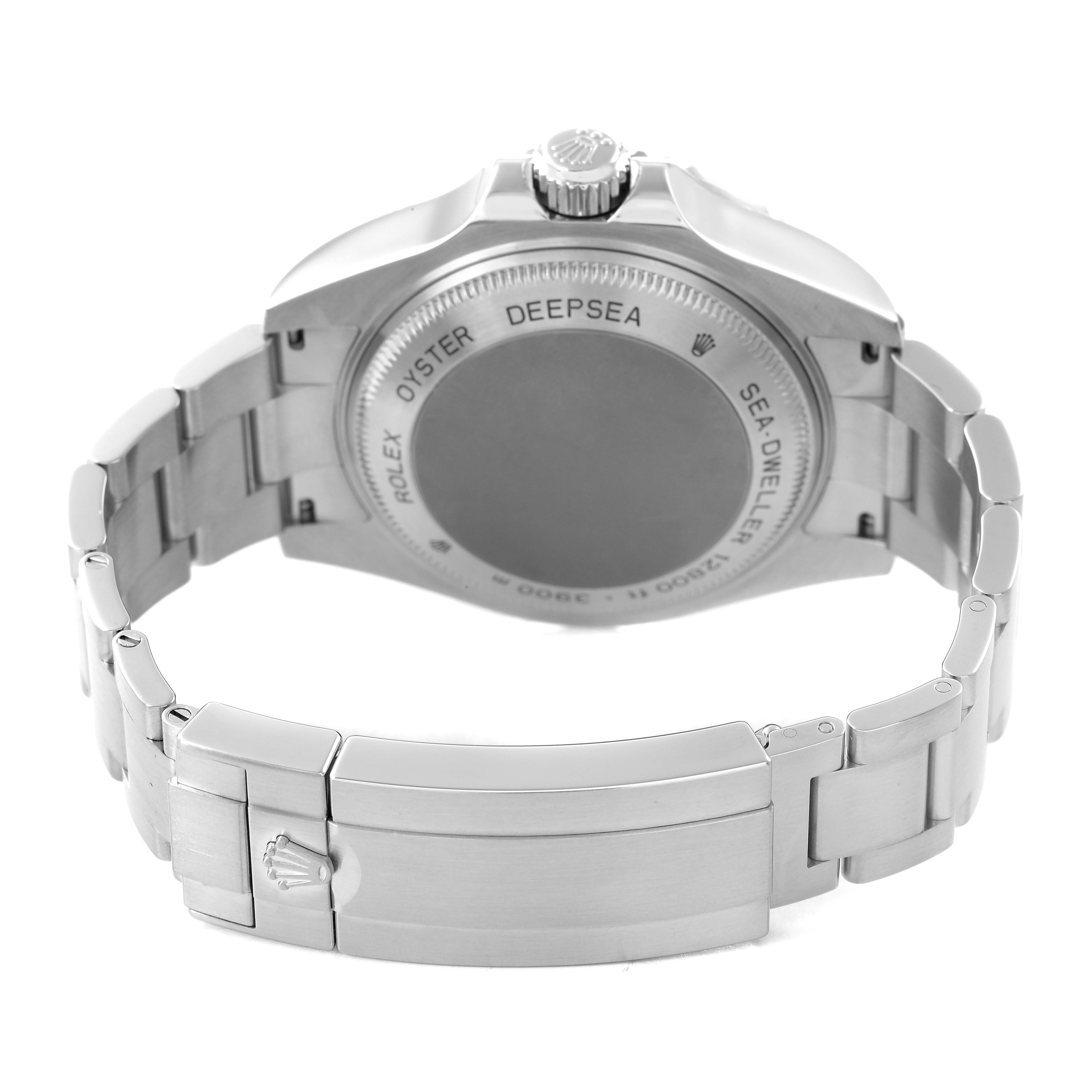 The Rolex Sea-Dweller 116660 Men's Stainless Steel Black Dial watch is shown from the back, highlighting the case back, bracelet, and clasp.