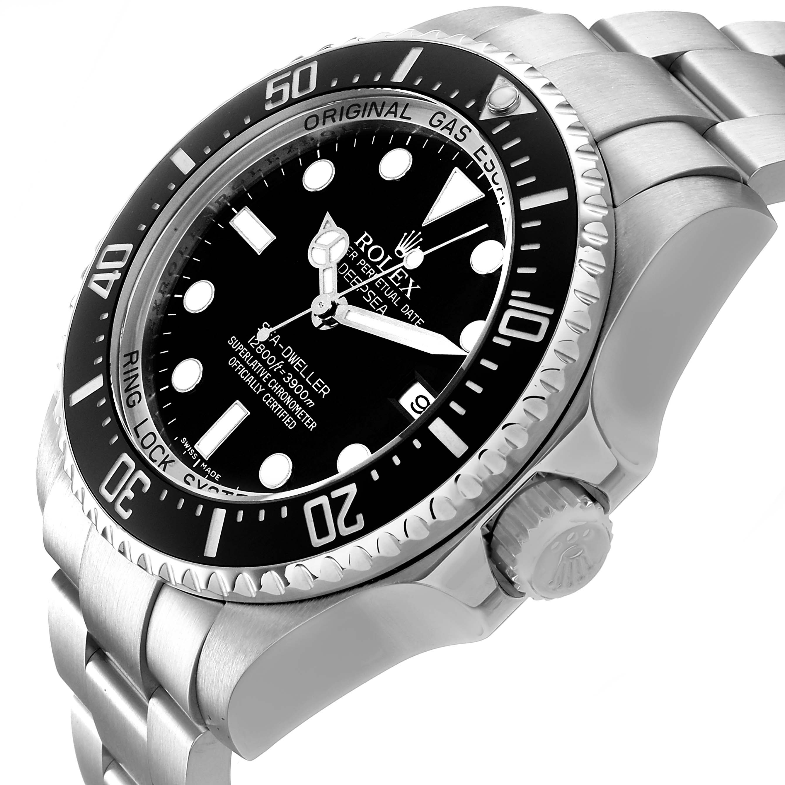 The image shows a side angle of the Rolex Sea-Dweller 116660 Men's Stainless Steel Black Dial watch, highlighting its bezel, dial, crown, and part of the bracelet.