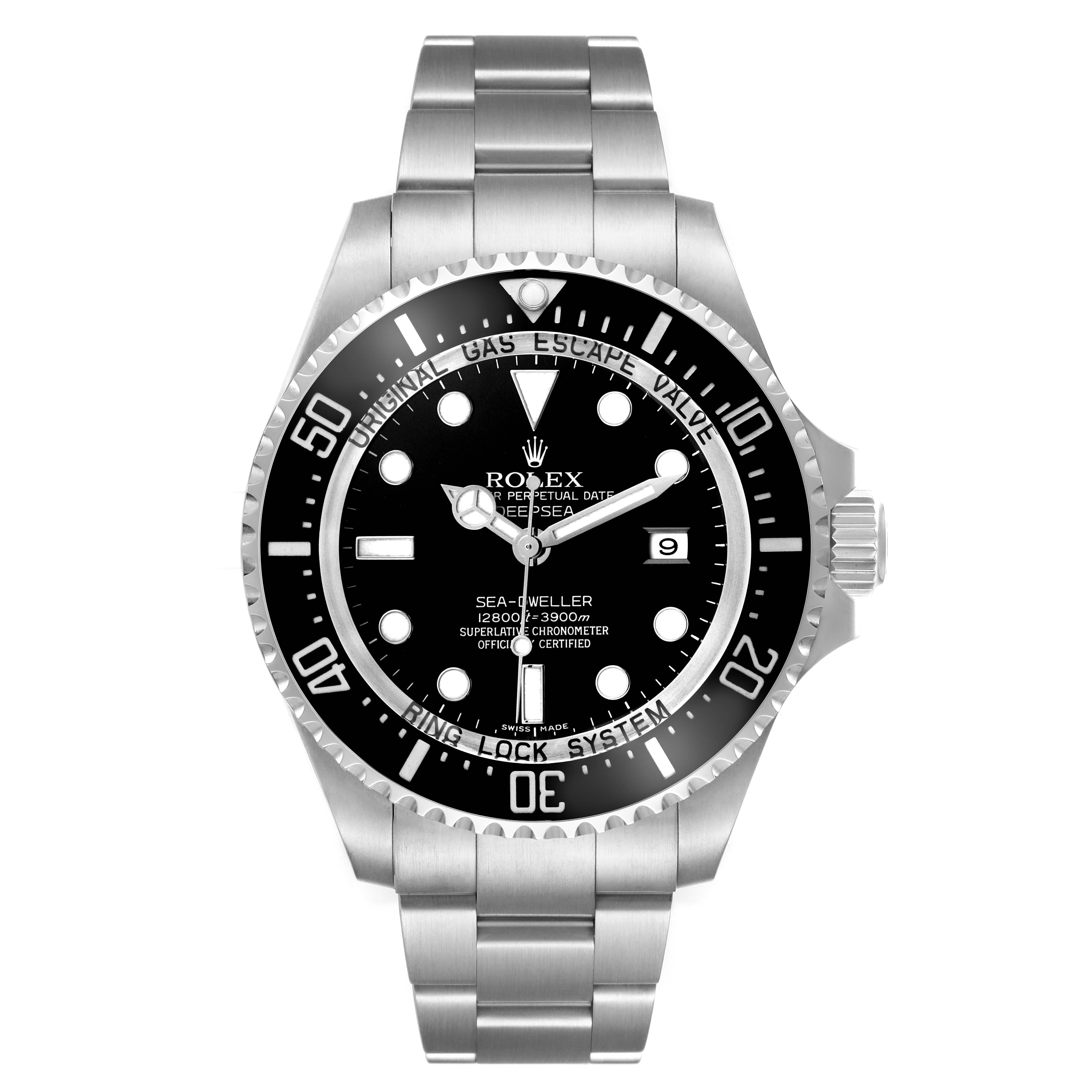 The Rolex Sea-Dweller 116660 Men's Stainless Steel Black Dial watch is shown from a front angle, displaying the dial, bezel, bracelet, and crown.