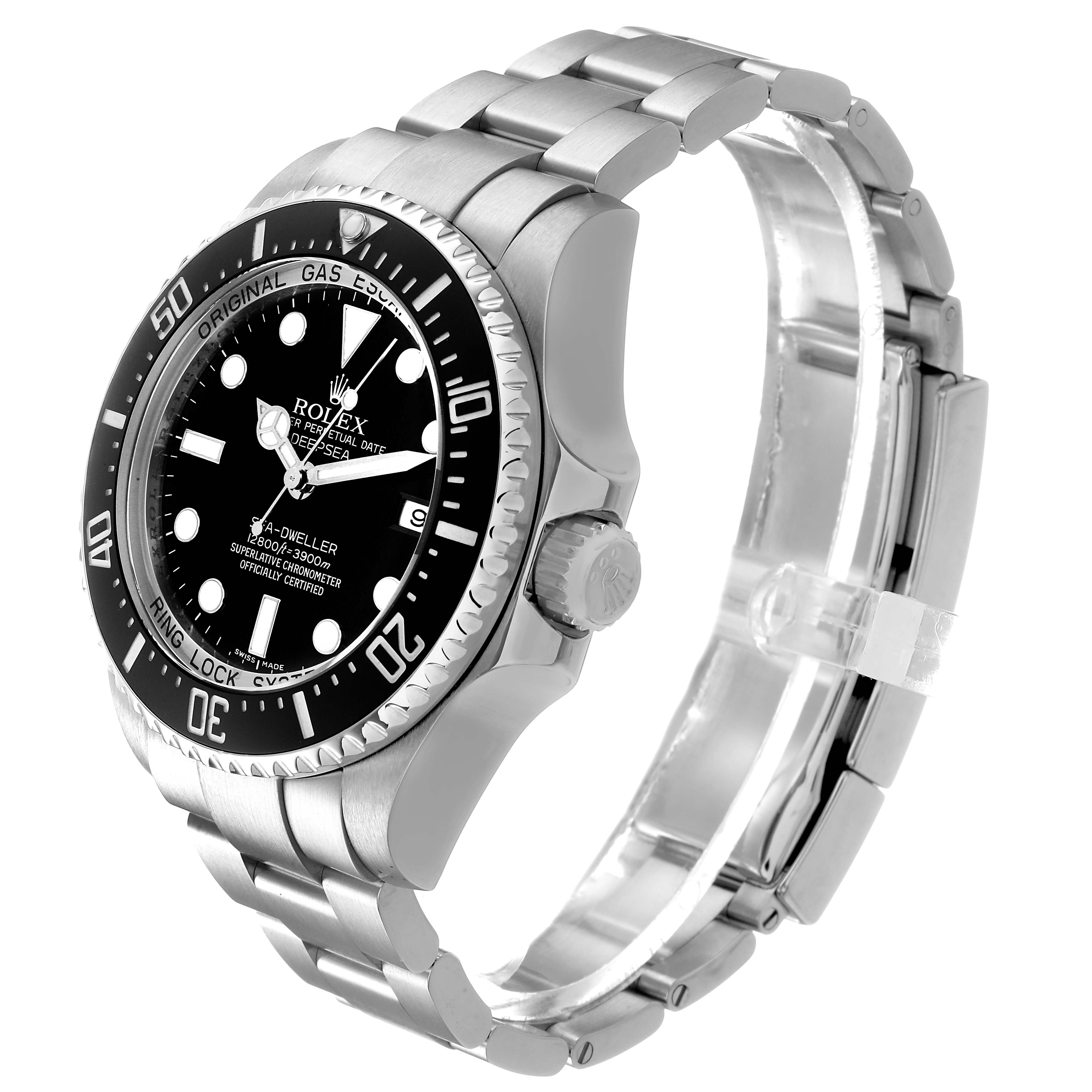 The Rolex Sea-Dweller 116660 Men's Stainless Steel Black Dial watch is shown at a three-quarter angle, displaying the dial, bezel, crown, and part of the bracelet clearly.