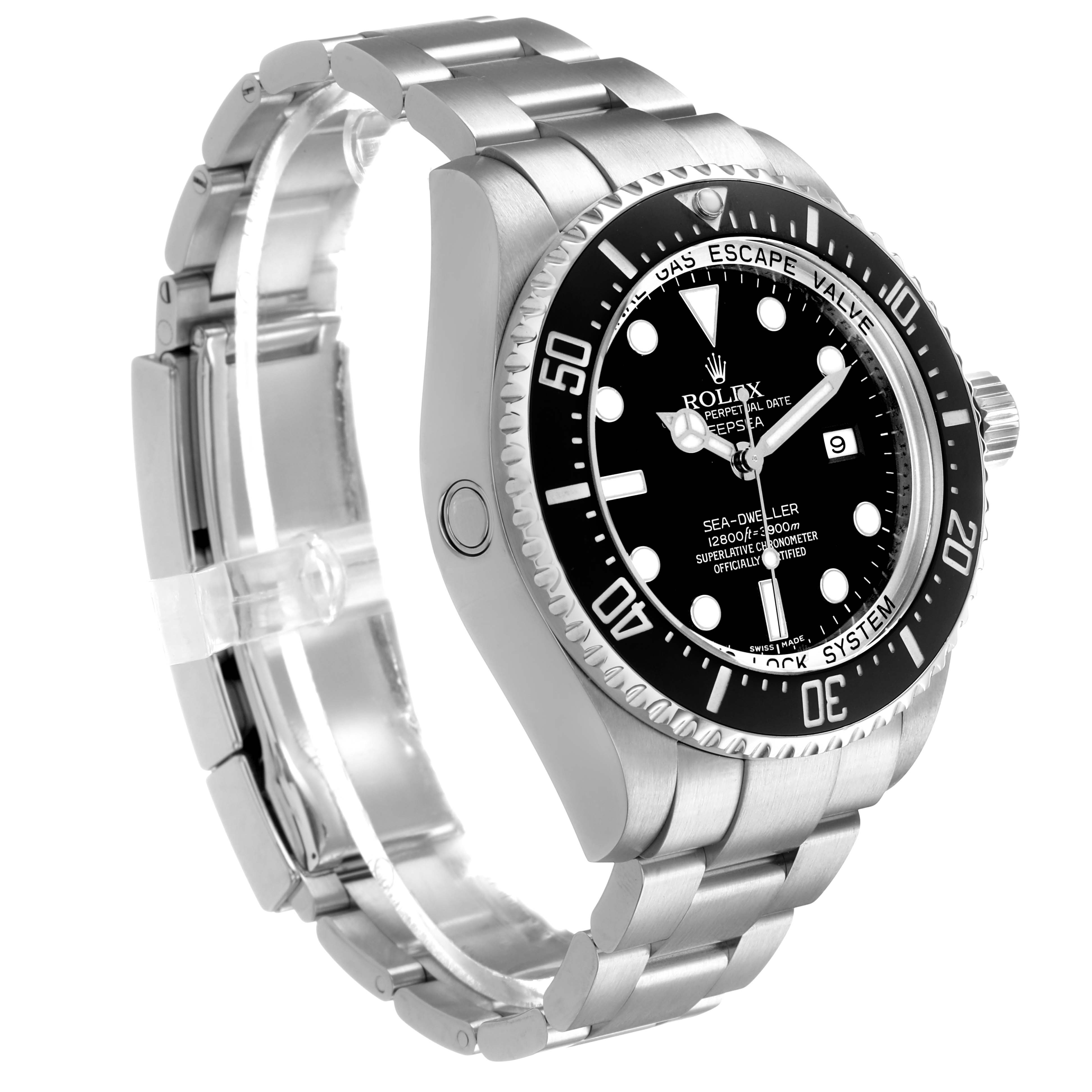 The Rolex Sea-Dweller 116660 Men's Stainless Steel Black Dial watch is shown at a three-quarter angle, displaying its face, bezel, crown, and bracelet.