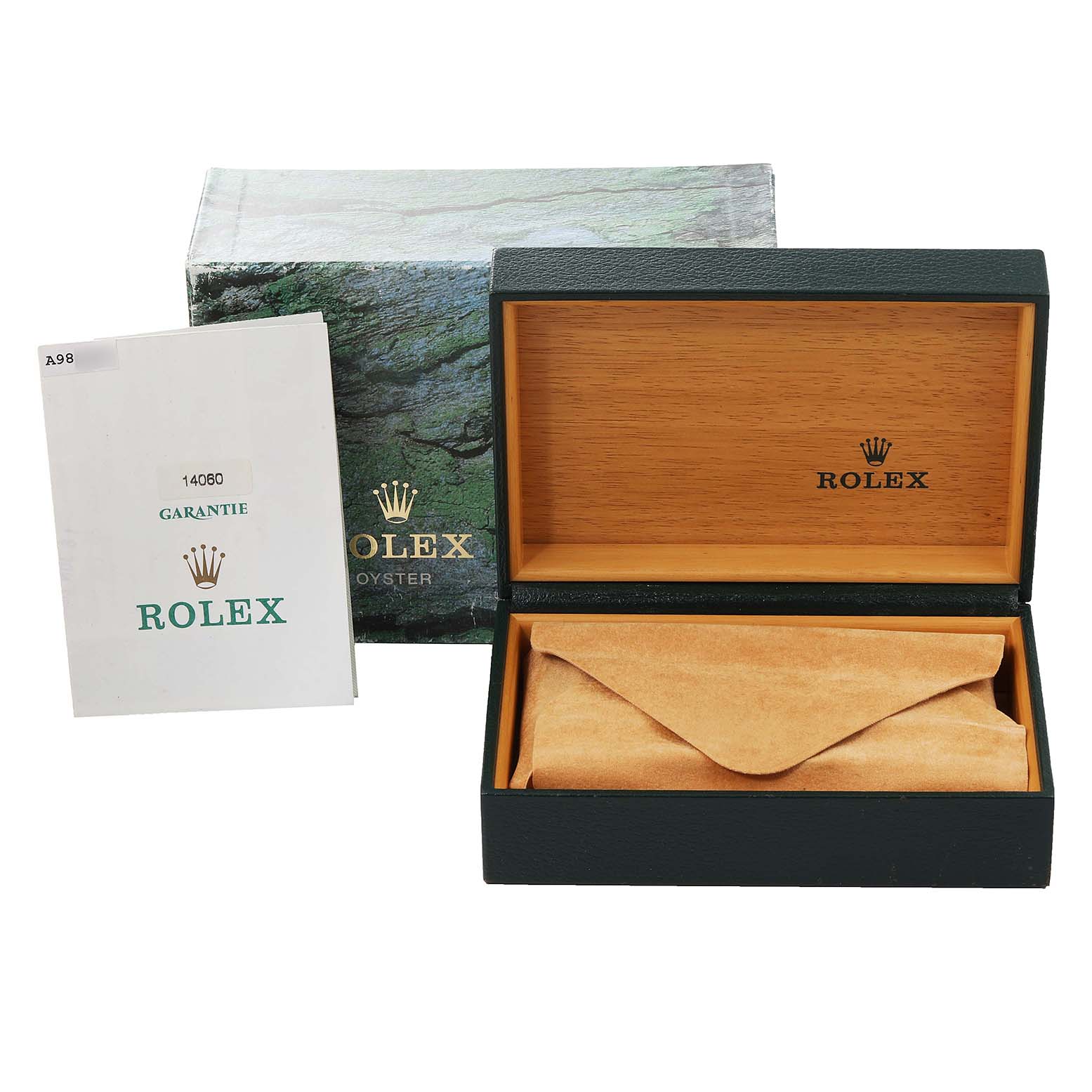 The image shows the packaging and warranty card for a Rolex Submariner 14060 Men's Stainless Steel Black Dial 14060 Men's Stainless Steel Black Dial watch, including an open box with a cushion inside.