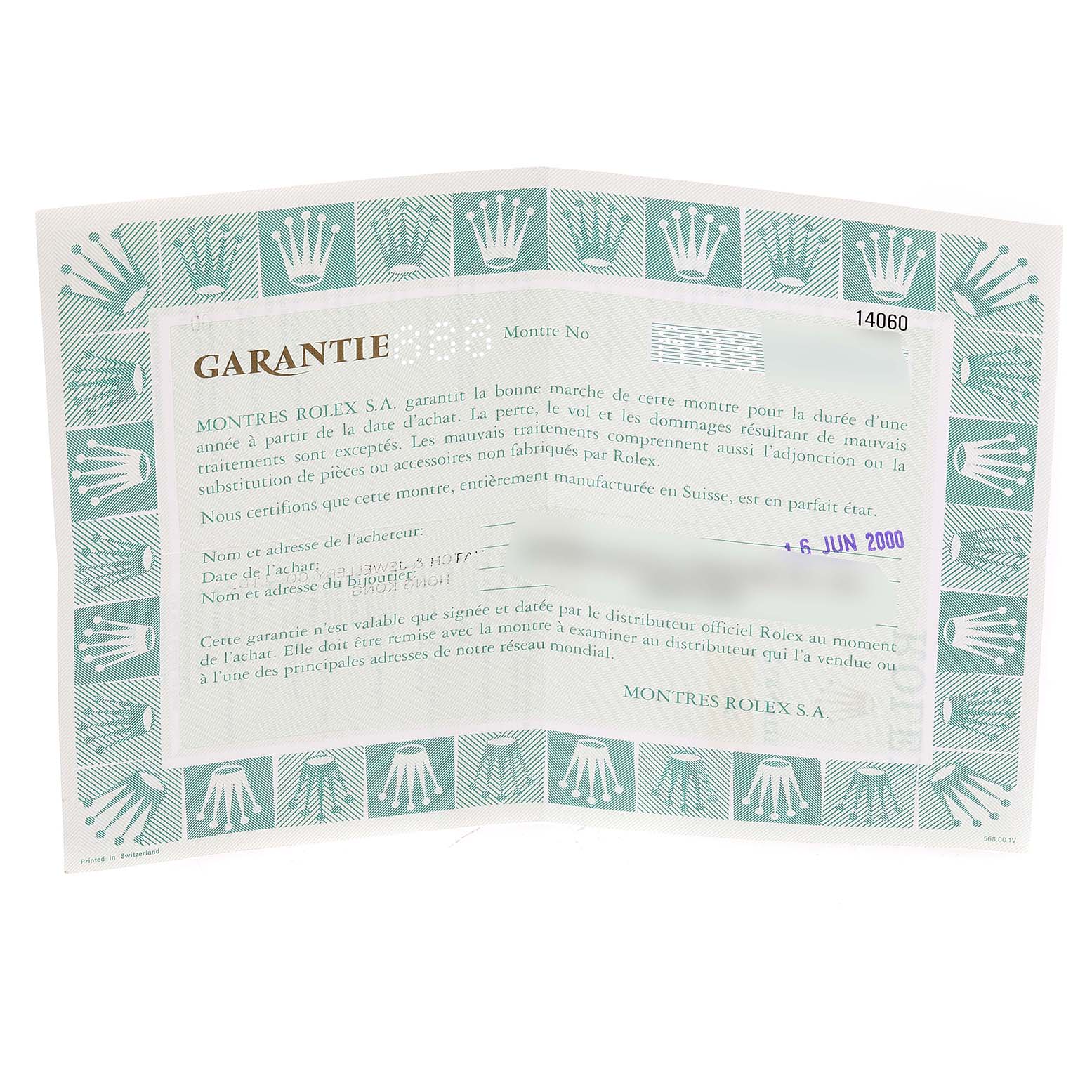 The image shows the warranty certificate for a Rolex Submariner 14060 Men's Stainless Steel Black Dial 14060 Men's Stainless Steel Black Dial watch.