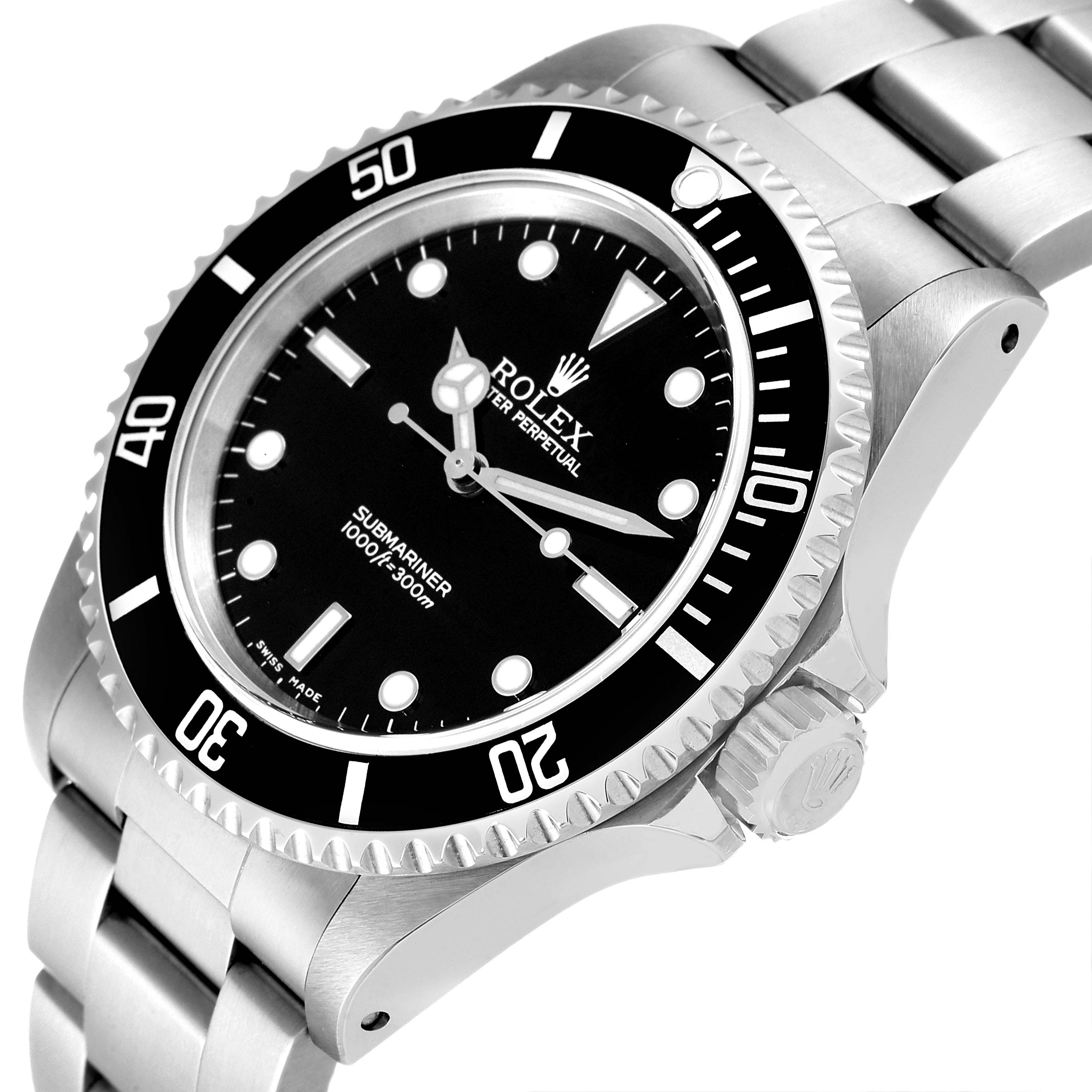 The Rolex Submariner 14060 Men's Stainless Steel Black Dial 14060 Men's Stainless Steel Black Dial is shown at an angled side view, displaying the face, bezel, crown, and part of the bracelet.