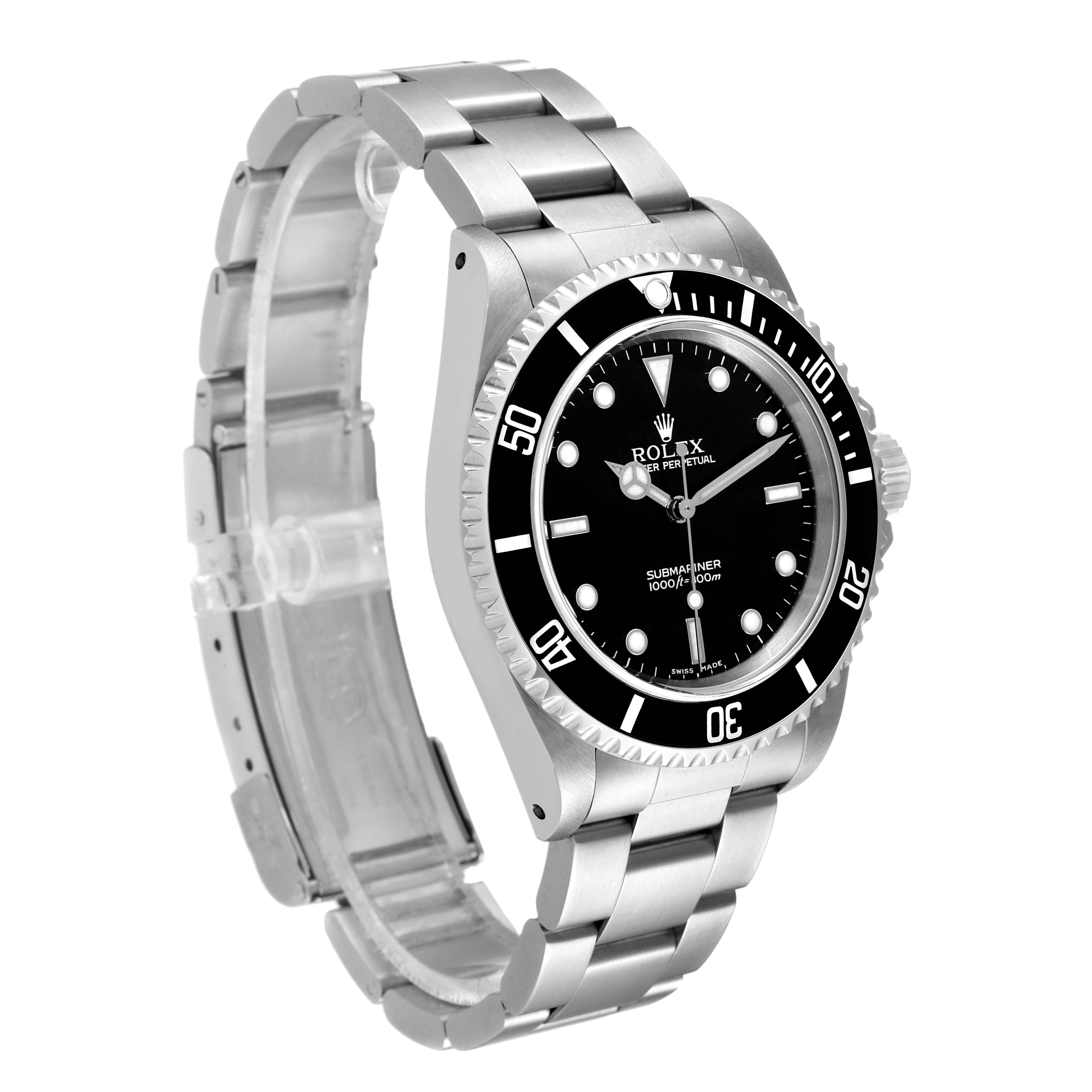The Rolex Submariner 14060 Men's Stainless Steel Black Dial 14060 Men's Stainless Steel Black Dial watch is shown at a three-quarter angle, highlighting the dial, bezel, and bracelet.