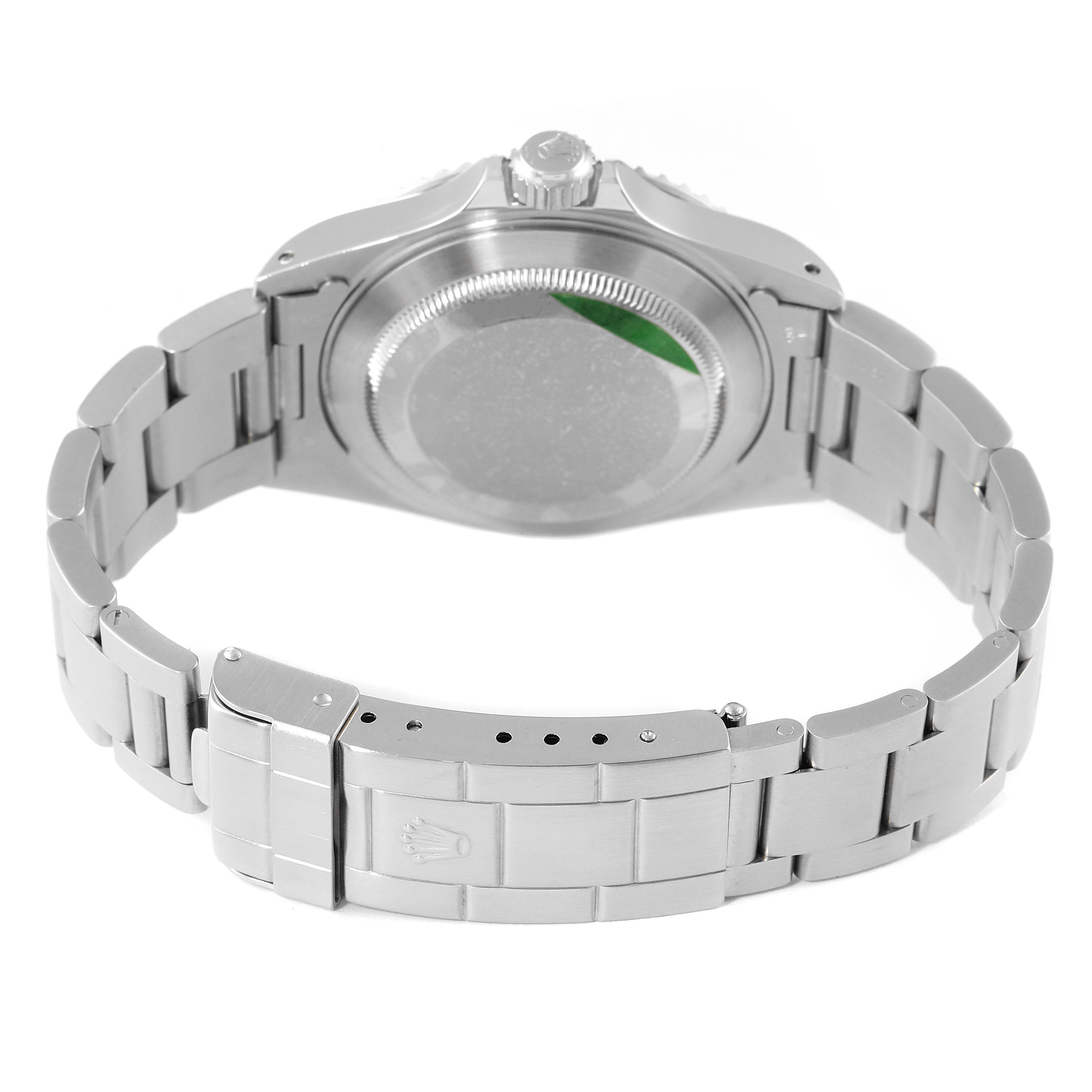 The image shows the back view of a Rolex Submariner 14060 Men's Stainless Steel Black Dial 14060 Men's Stainless Steel Black Dial watch, highlighting its case back, bracelet, and clasp.