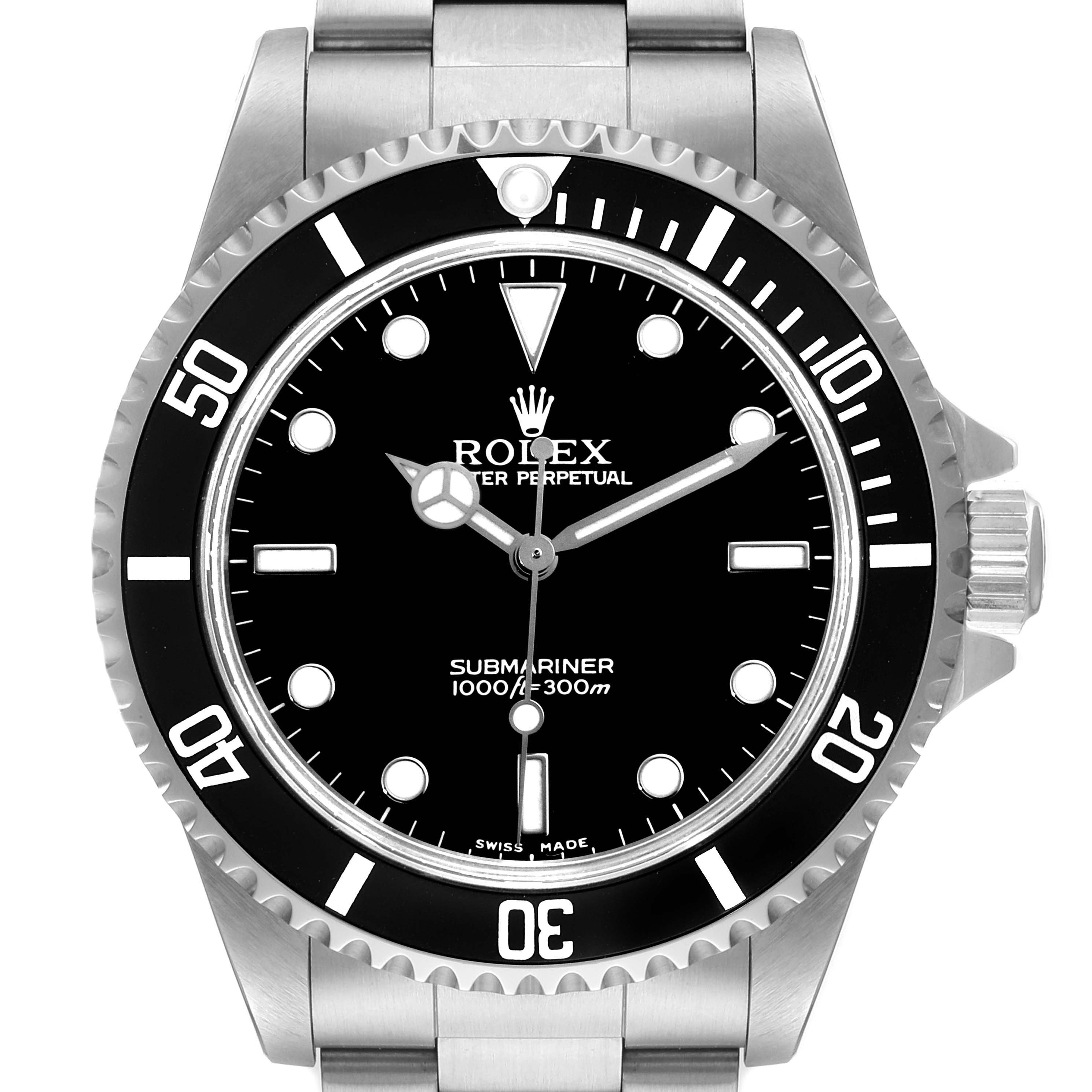 This image shows a front view of a Rolex Submariner 14060 Men's Stainless Steel Black Dial 14060 Men's Stainless Steel Black Dial watch, highlighting its black dial, bezel, and part of its metal bracelet.