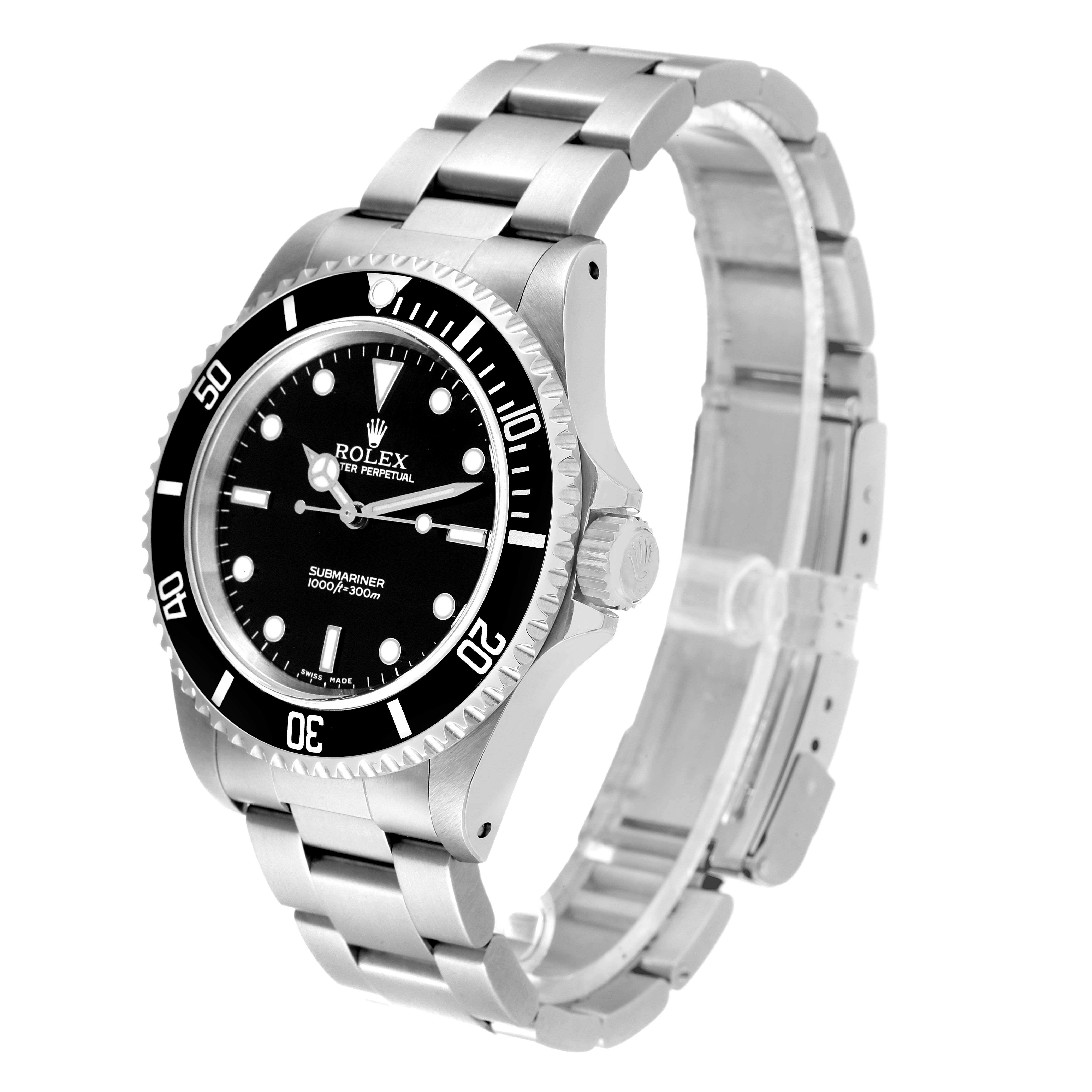 The image shows a side and front view of a Rolex Submariner 14060 Men's Stainless Steel Black Dial 14060 Men's Stainless Steel Black Dial watch, focusing on its black dial, bezel, and metal bracelet.