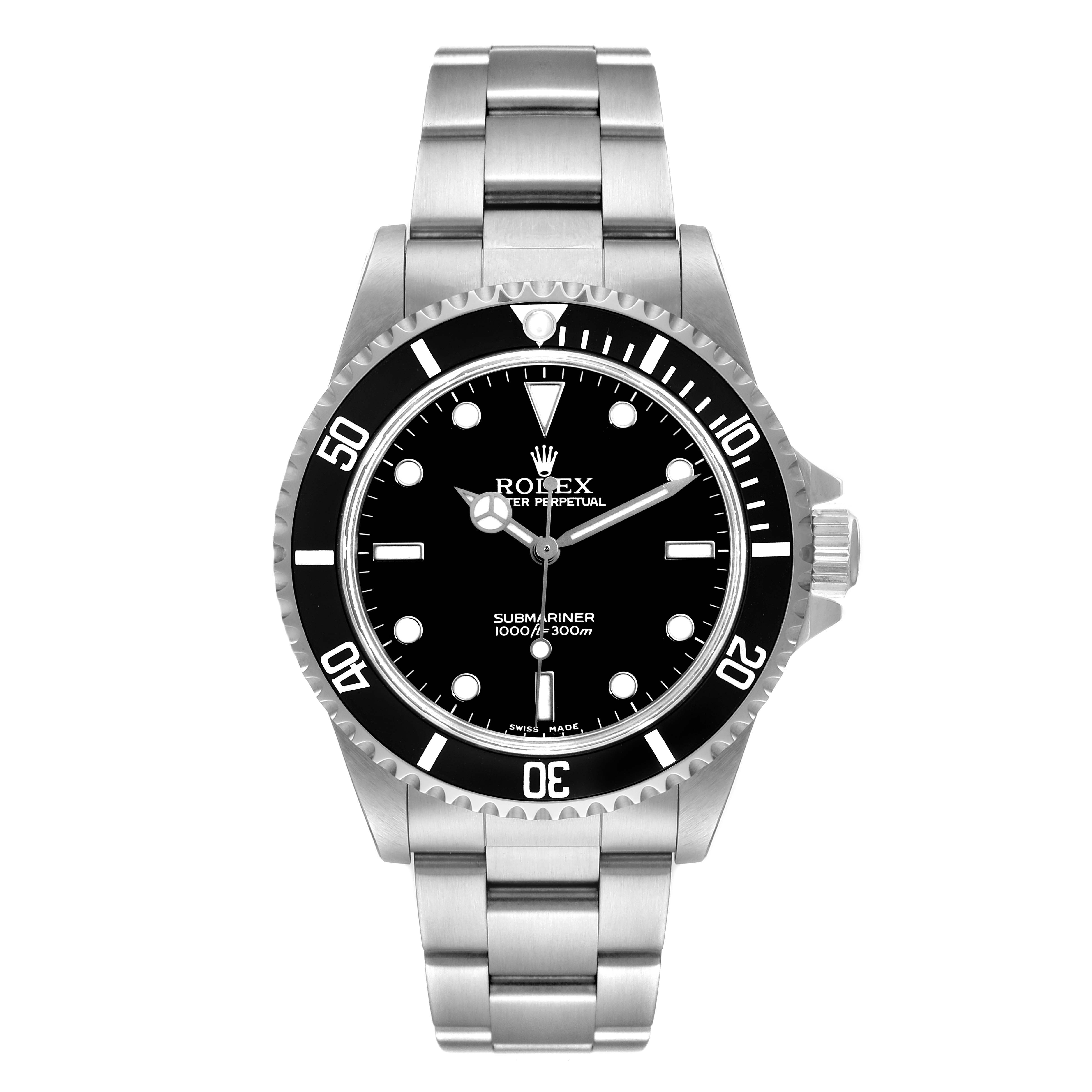 This image shows a front view of a Rolex Submariner 14060 Men's Stainless Steel Black Dial 14060 Men's Stainless Steel Black Dial watch, displaying the face, bracelet, and bezel.
