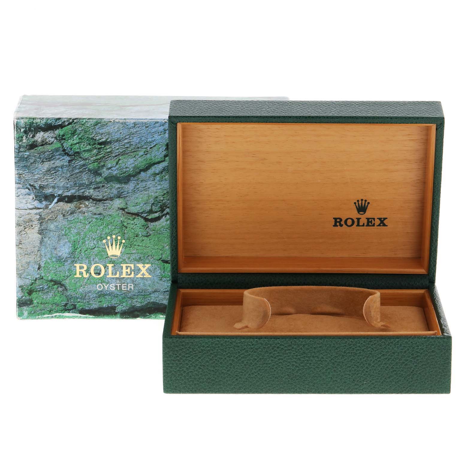 The image shows an open Rolex Submariner 16610 Men
s Stainless Steel Black Dial 16610 Men
s Stainless Steel Black Dial watch box, featuring a green exterior, wooden interior, and the Rolex logo inside.
