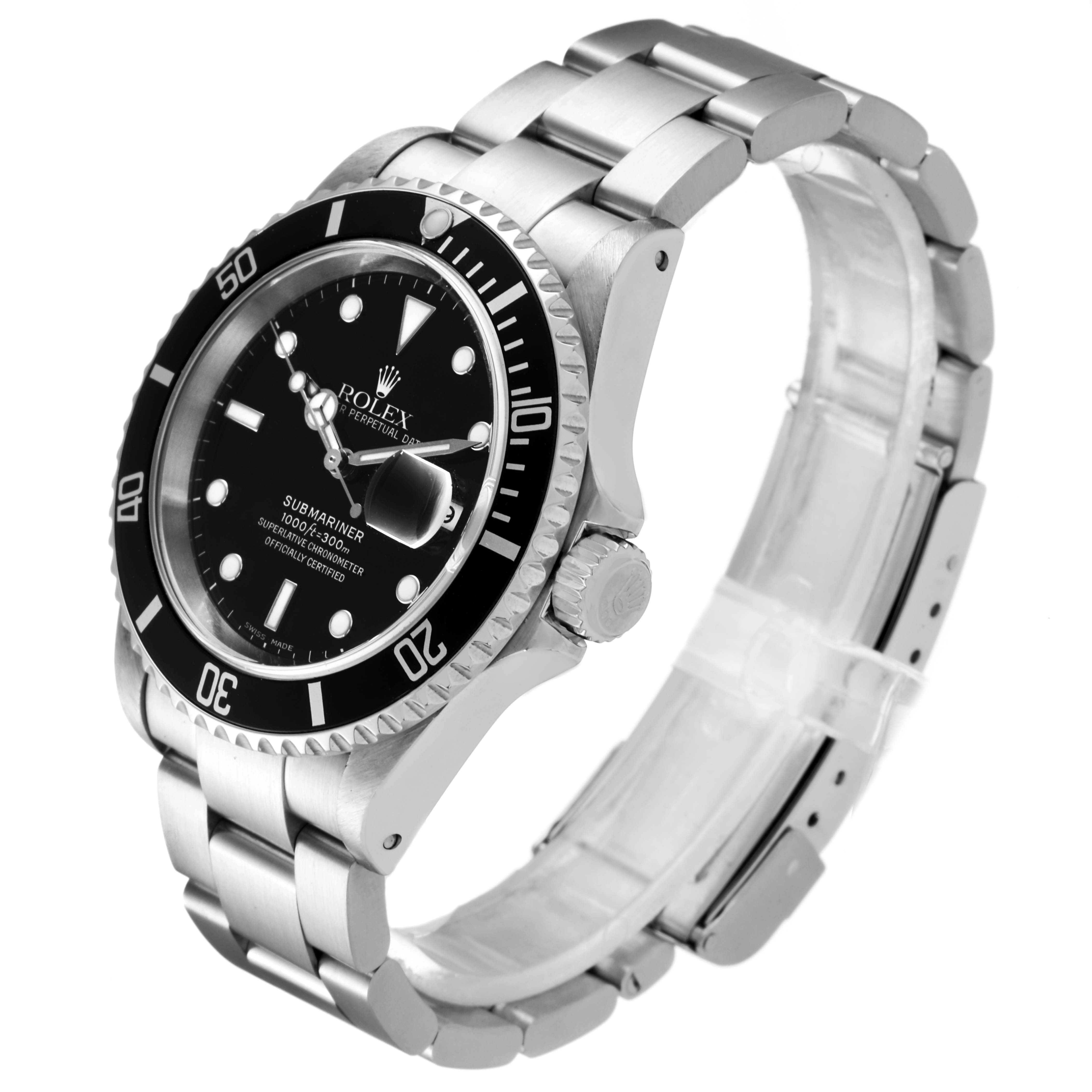 The image shows a Rolex Submariner 16610 Men
s Stainless Steel Black Dial 16610 Men
s Stainless Steel Black Dial watch at a side angle, highlighting its face, bezel, crown, and bracelet.
