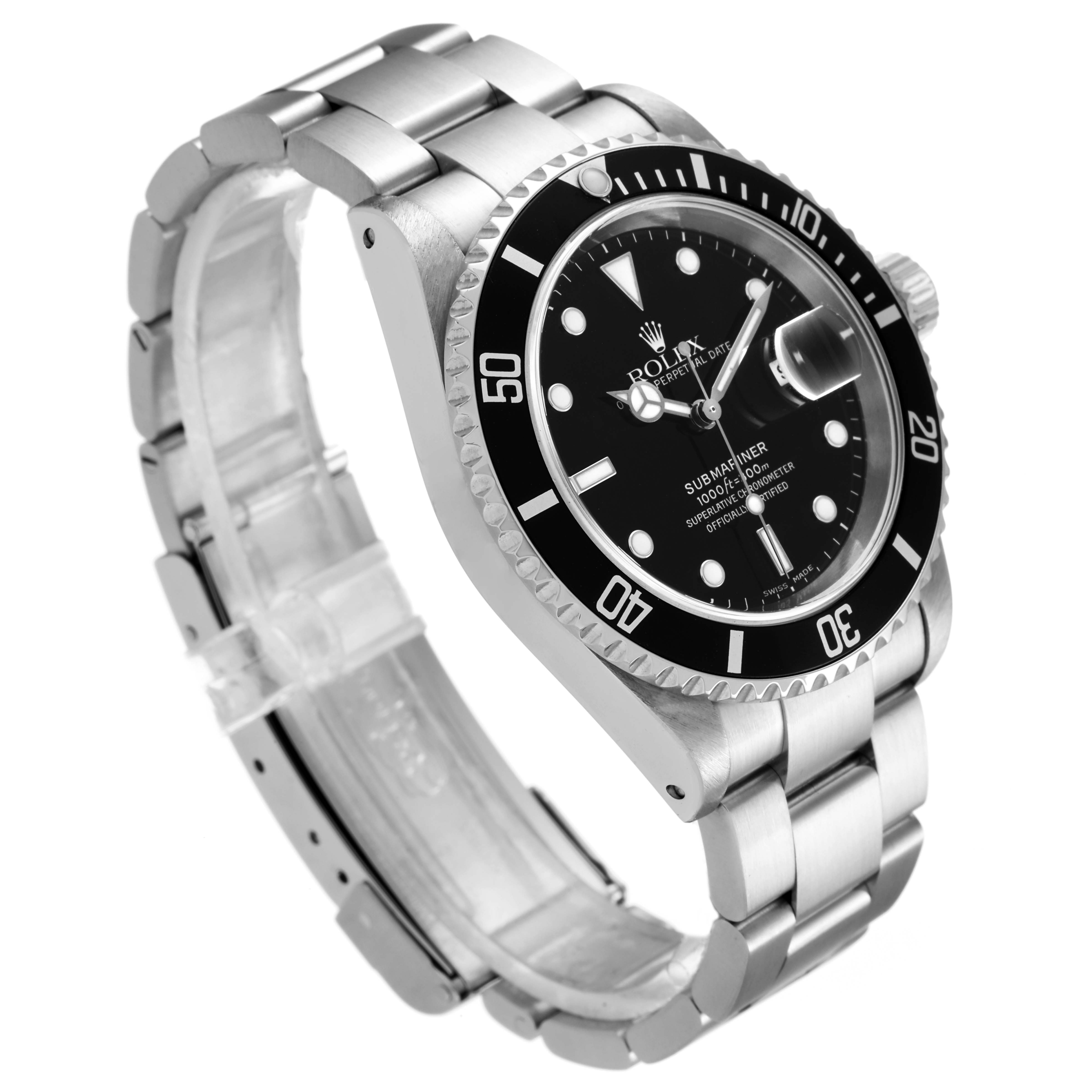 The Rolex Submariner 16610 Men
s Stainless Steel Black Dial 16610 Men
s Stainless Steel Black Dial watch is shown at a tilted side view, displaying the face, bezel, crown, and bracelet.