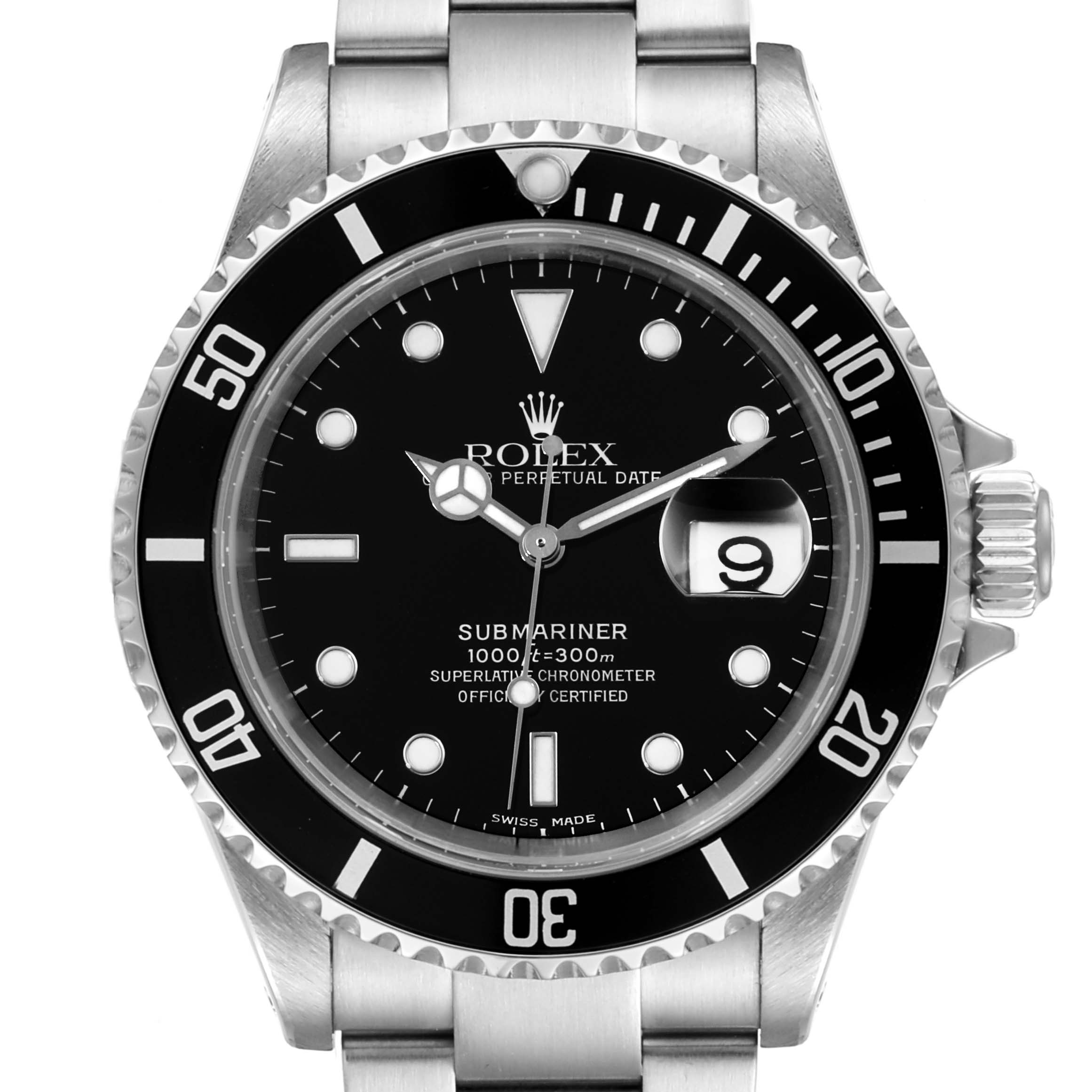 The image shows the face and bezel of a Rolex Submariner 16610 Men
s Stainless Steel Black Dial 16610 Men
s Stainless Steel Black Dial, capturing the watch from a front-facing angle.