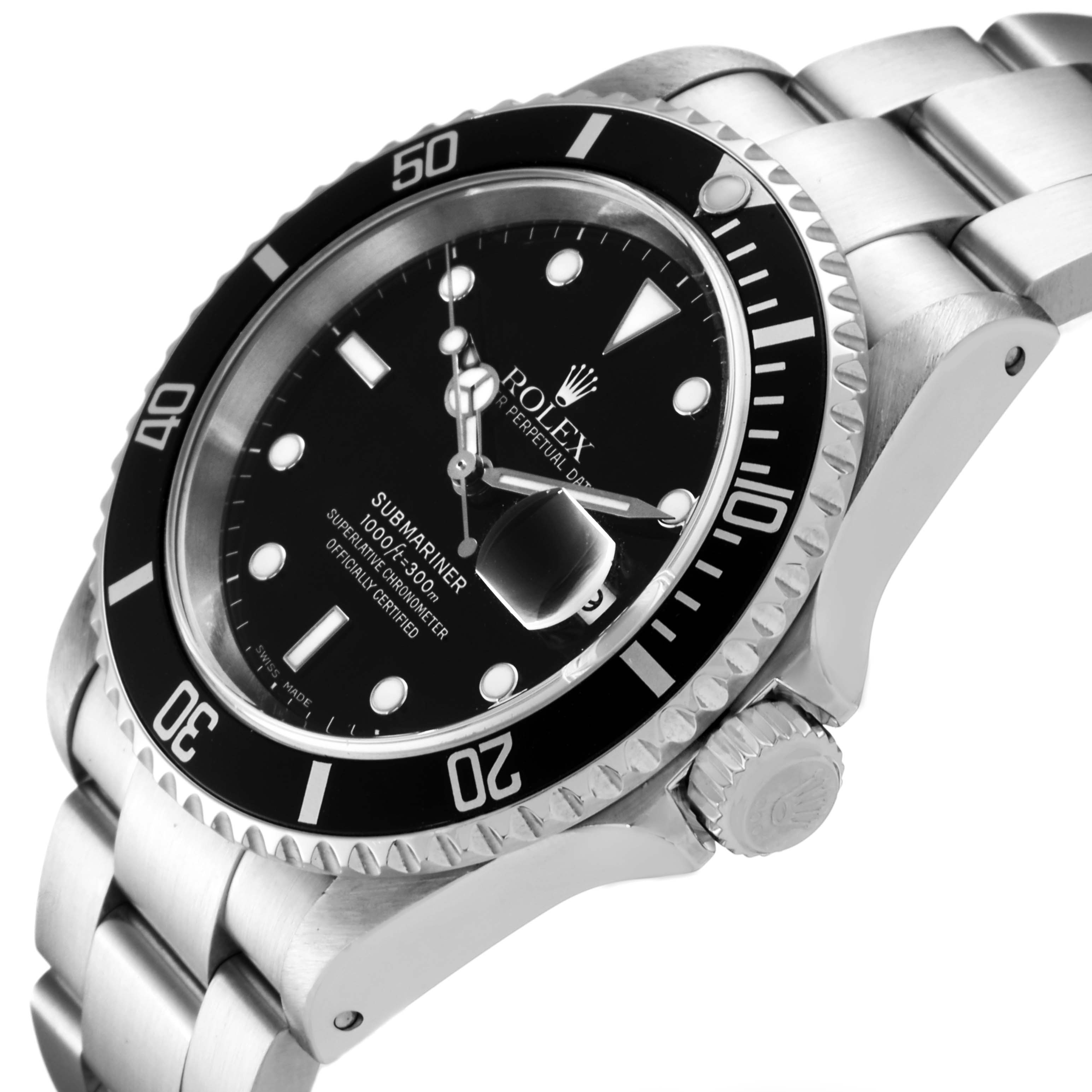 The image shows a Rolex Submariner 16610 Men
s Stainless Steel Black Dial 16610 Men
s Stainless Steel Black Dial watch at a three-quarter angle, highlighting the dial, bezel, and part of the bracelet.