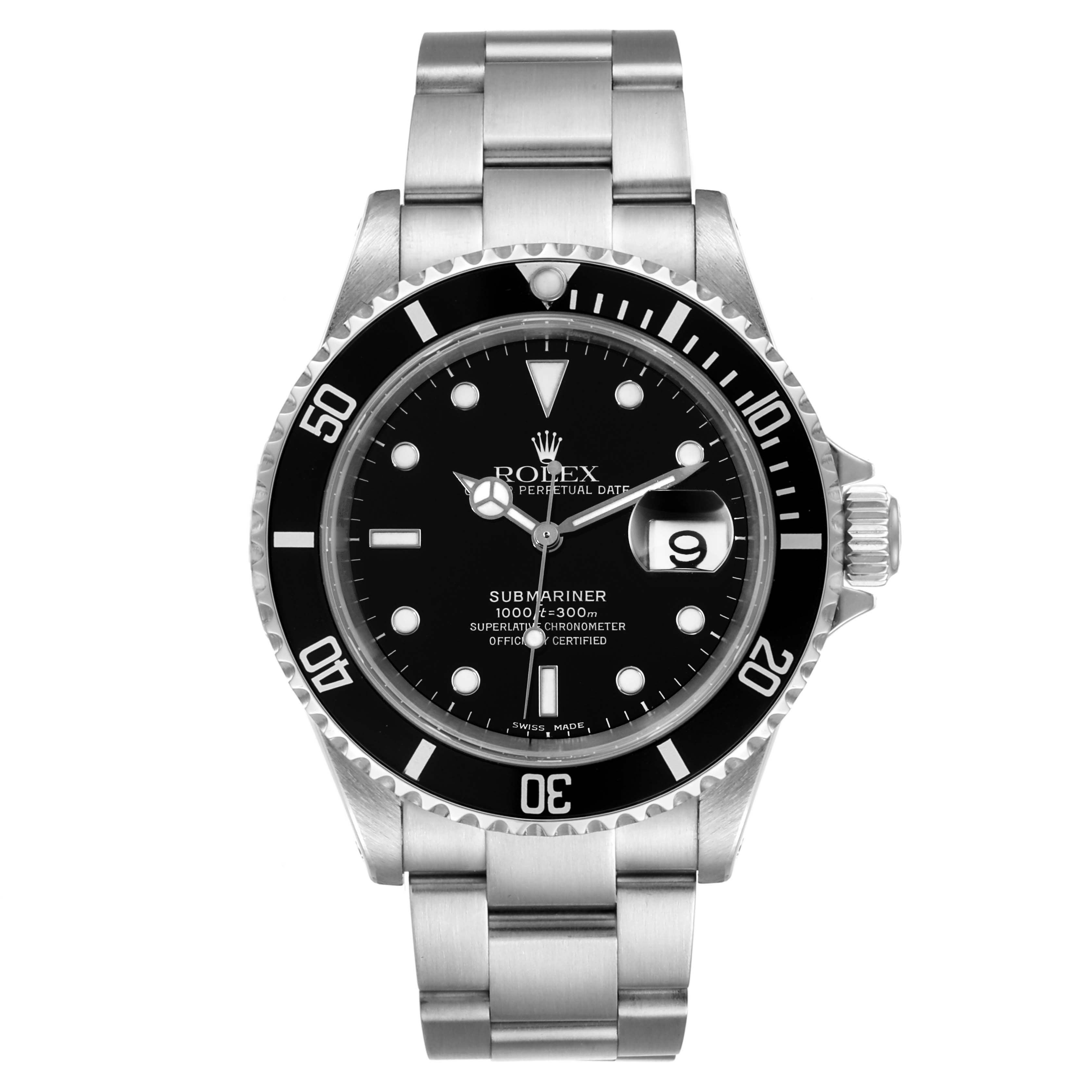 This image shows a front view of the Rolex Submariner 16610 Men
s Stainless Steel Black Dial 16610 Men
s Stainless Steel Black Dial watch, displaying its black dial, bezel, and stainless steel bracelet.