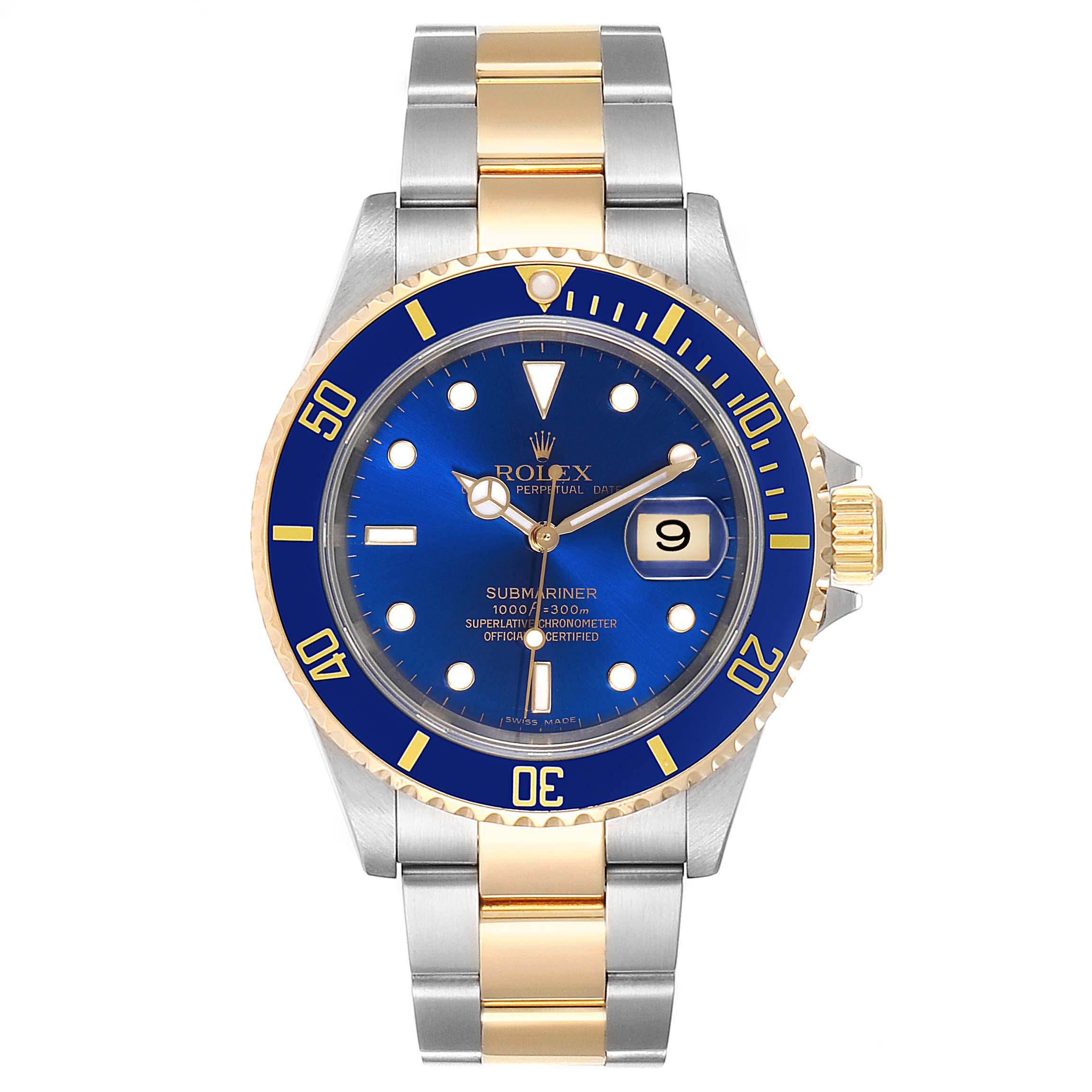 The image shows a front view of a Rolex Submariner 16613 Men
s Steel and Gold (two tone) Blue Dial 16613 Men
s Steel and Gold (two tone) Blue Dial watch with a blue dial and two-tone bracelet.