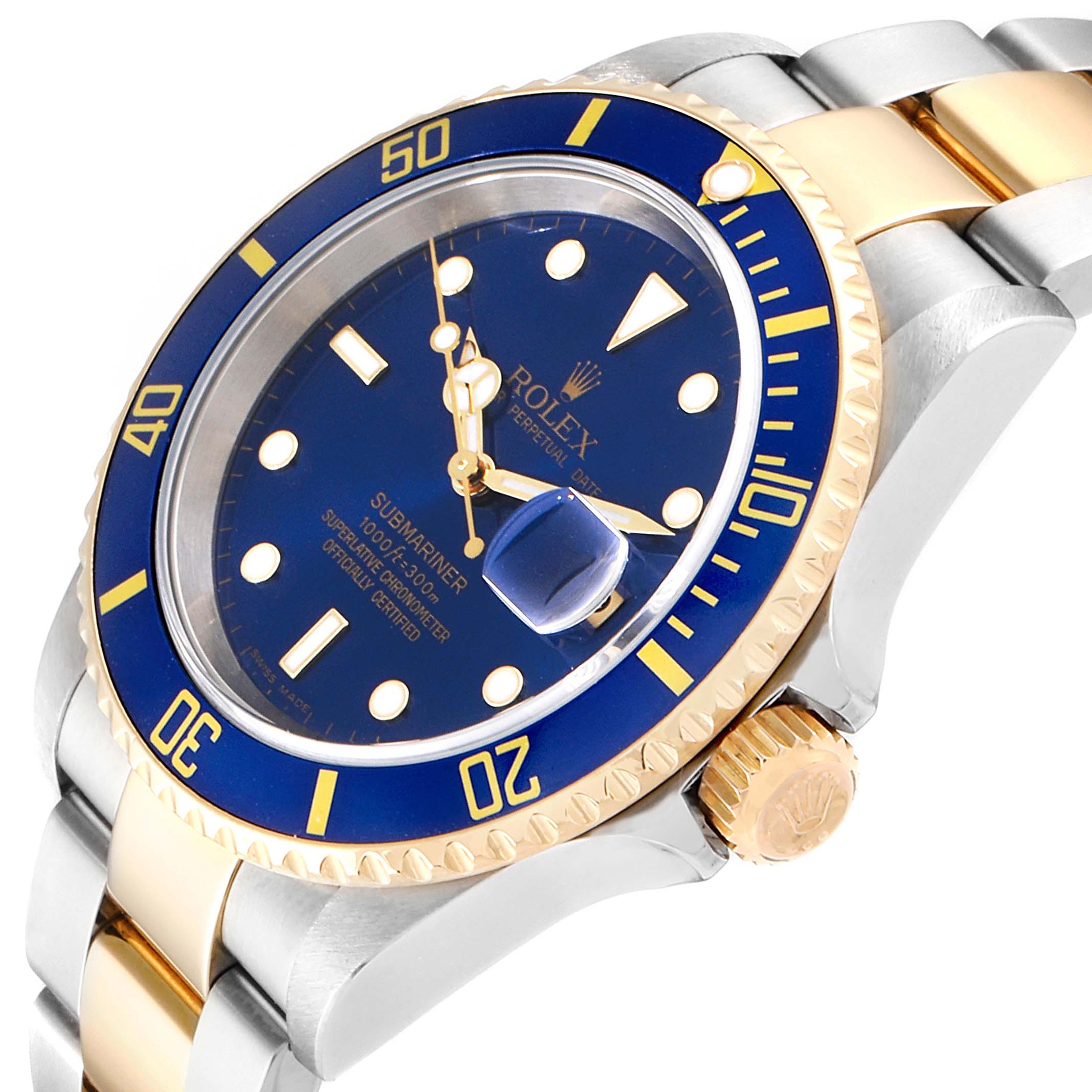 This image showcases a Rolex Submariner 16613 Men
s Steel and Gold (two tone) Blue Dial 16613 Men
s Steel and Gold (two tone) Blue Dial watch at an angled close-up, showing the dial, bezel, and a portion of the bracelet.