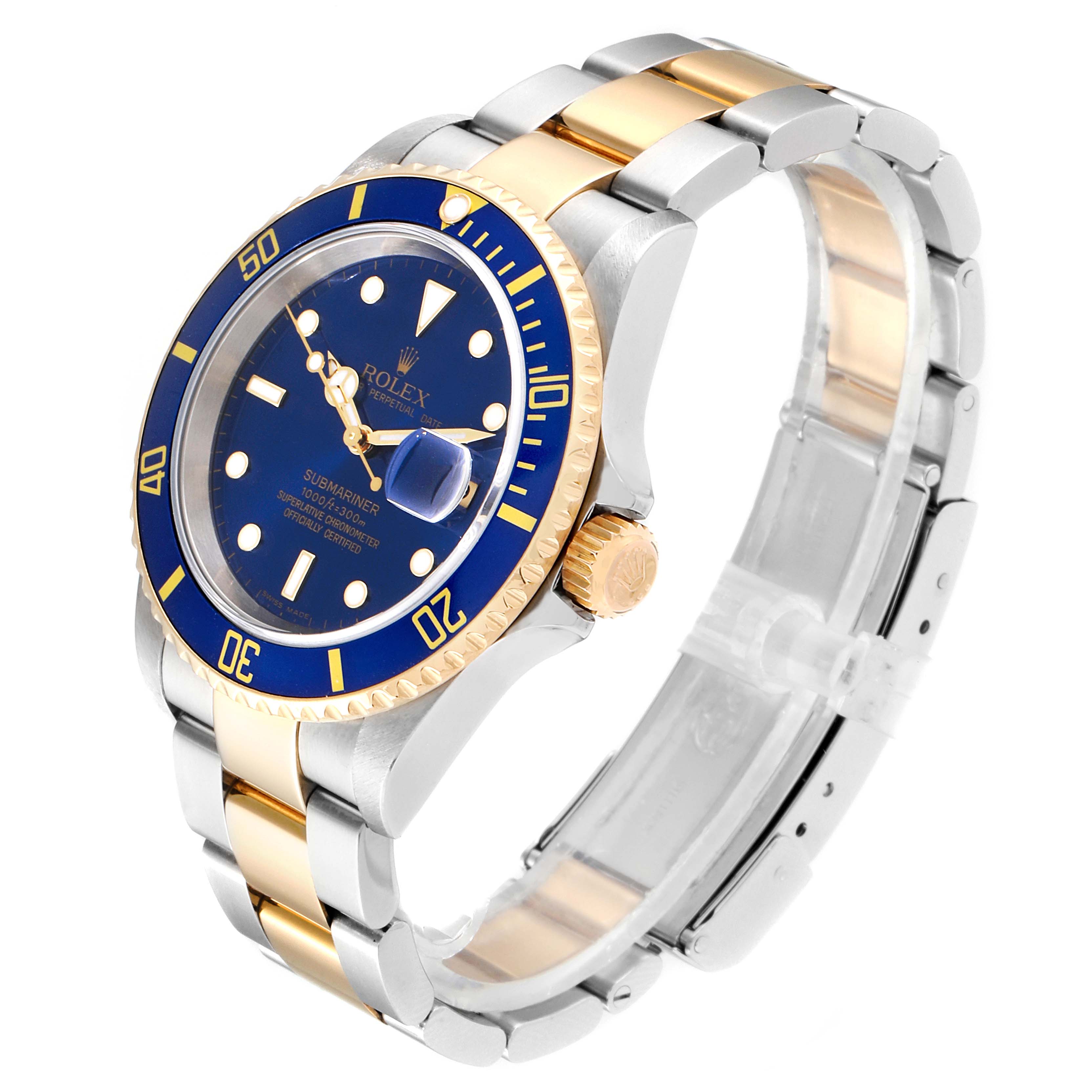 The image shows a Rolex Submariner 16613 Men
s Steel and Gold (two tone) Blue Dial 16613 Men
s Steel and Gold (two tone) Blue Dial watch at an angled side view, highlighting the bezel, dial, crown, and bracelet.