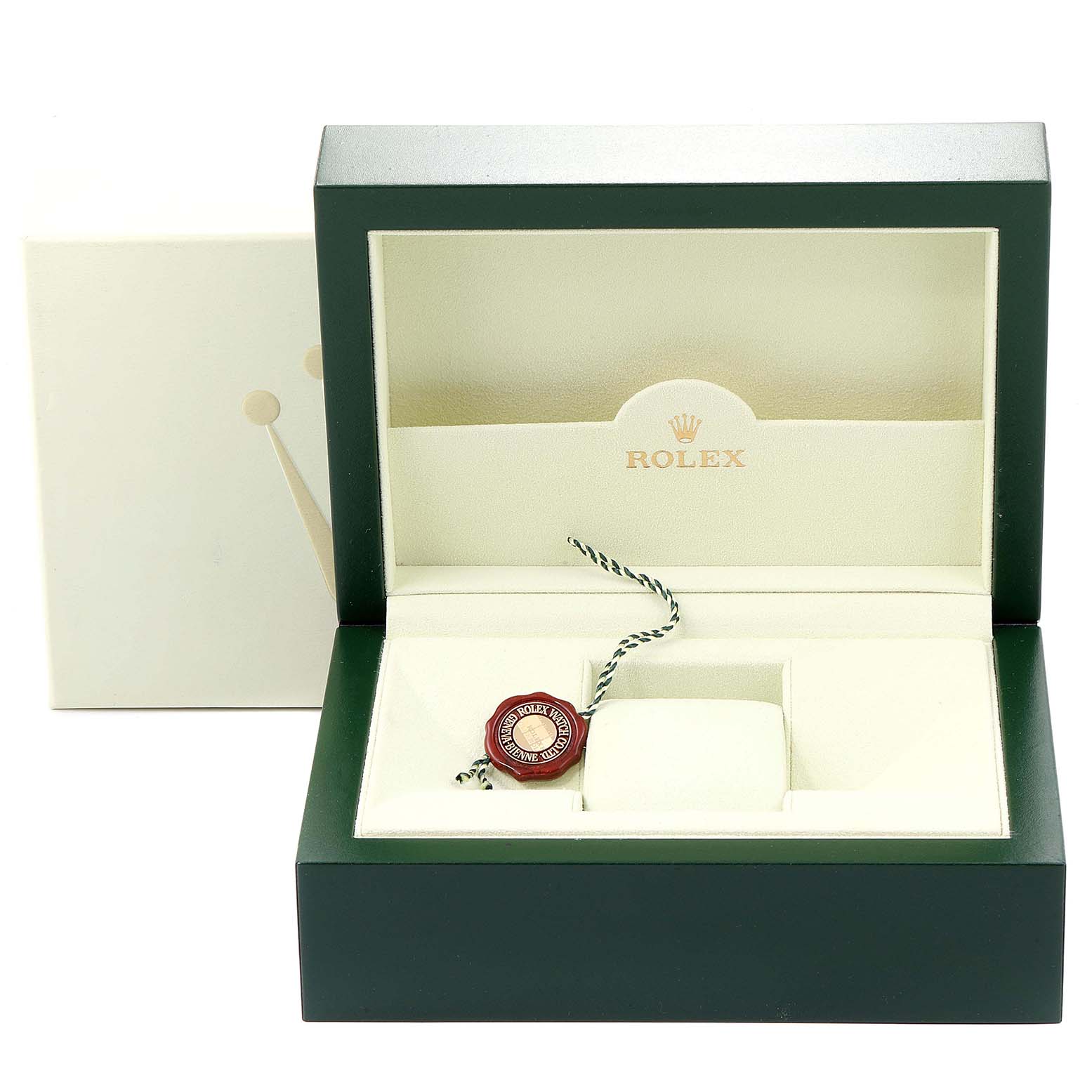 The image shows an open Rolex Submariner 16613 Men
s Steel and Gold (two tone) Blue Dial 16613 Men
s Steel and Gold (two tone) Blue Dial watch box, displaying the interior with a tag and cushion.