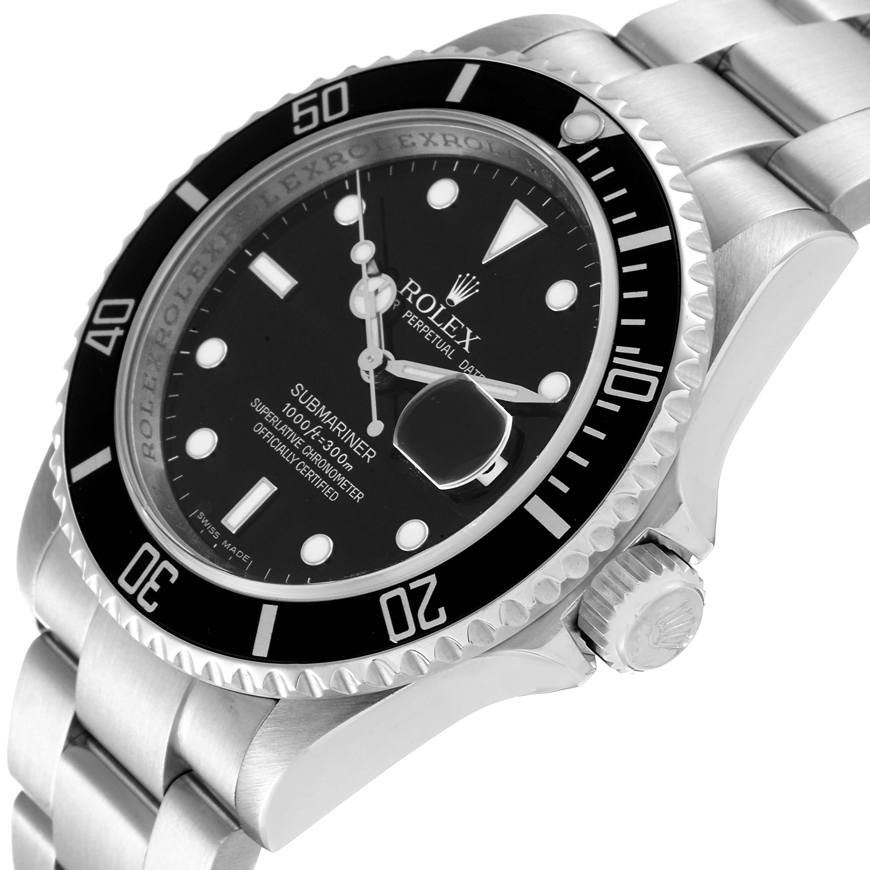 The image shows the Rolex Submariner 16610 Men
s Stainless Steel Black Dial 16610 Men
s Stainless Steel Black Dial watch from an oblique angle, highlighting the bezel, face, dial, and part of the stainless steel bracelet.