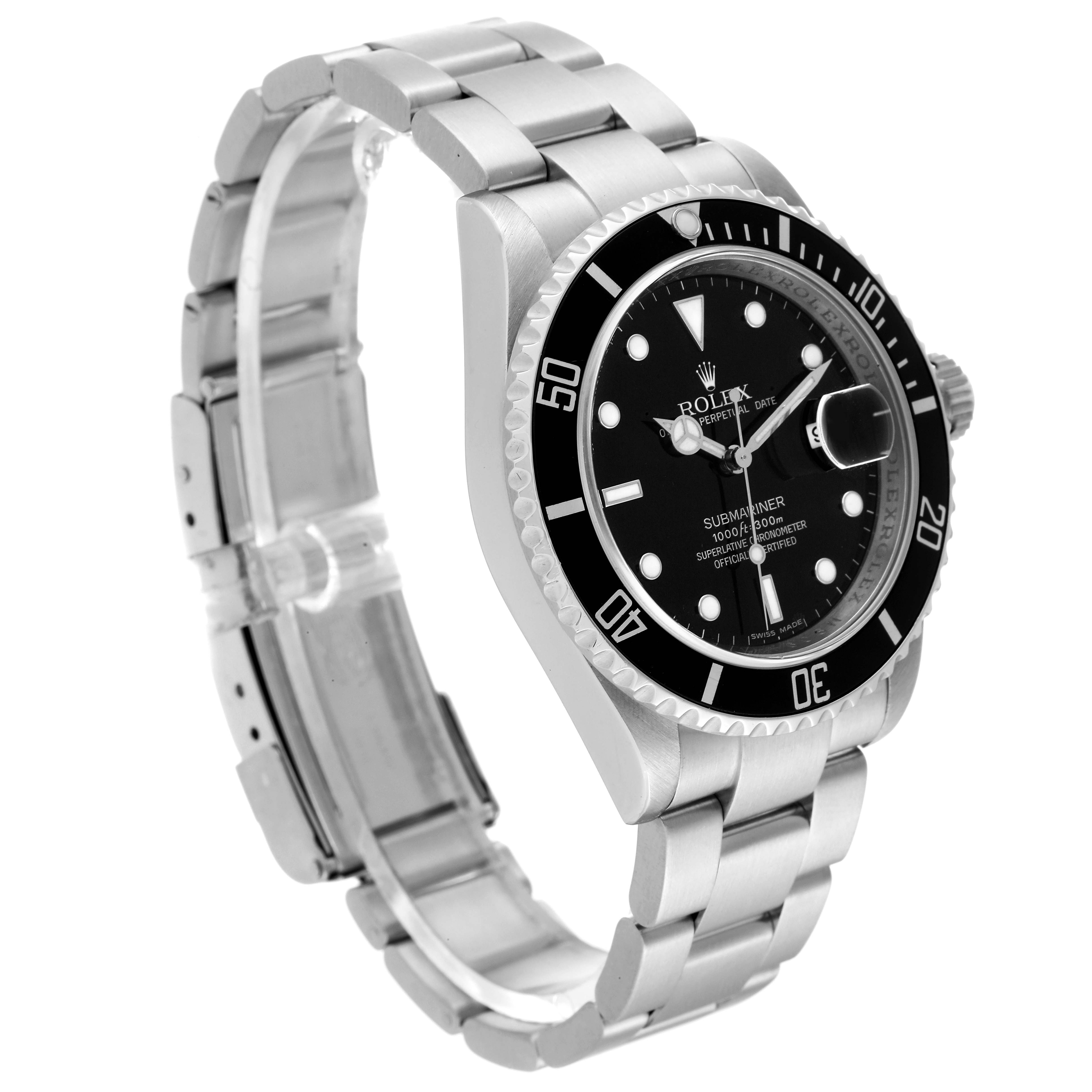The image shows a side and front view of a Rolex Submariner 16610 Men
s Stainless Steel Black Dial 16610 Men
s Stainless Steel Black Dial watch, highlighting its case, dial, bezel, bracelet, and crown.