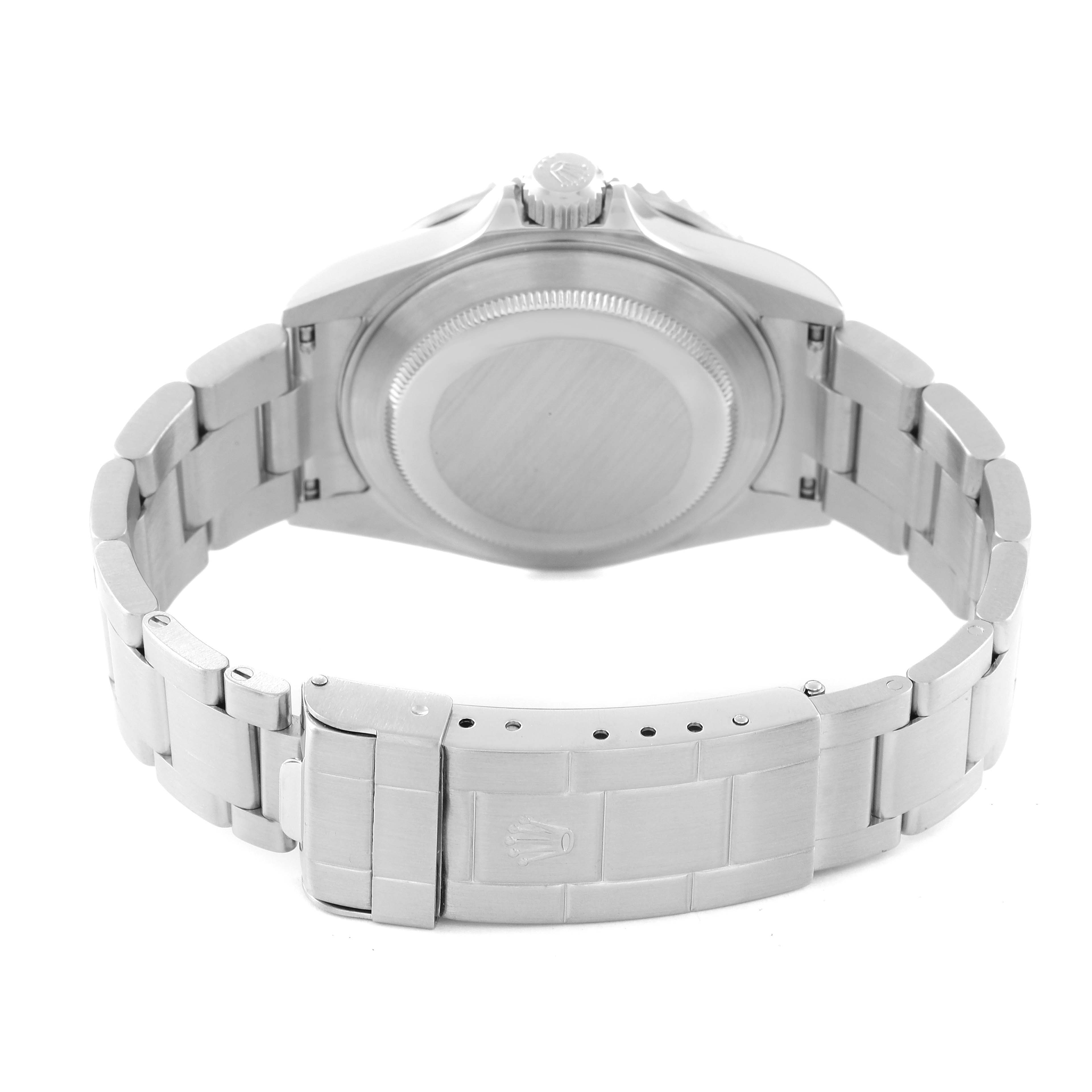 This image shows the back and clasp of a Rolex Submariner 16610 Men
s Stainless Steel Black Dial 16610 Men
s Stainless Steel Black Dial watch, viewed from the rear.