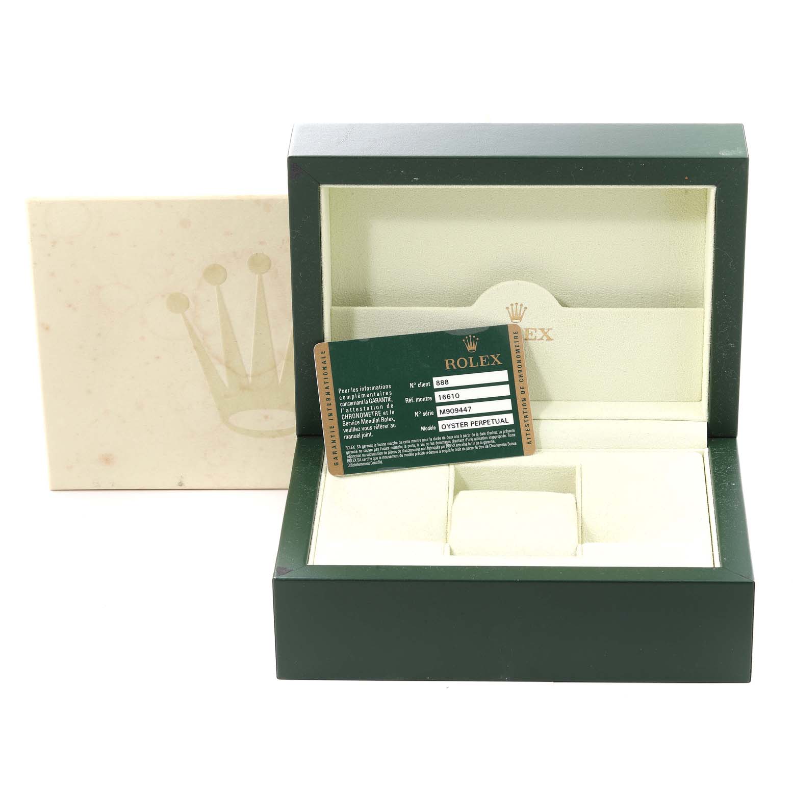 This image shows an open green Rolex Submariner 16610 Men
s Stainless Steel Black Dial 16610 Men
s Stainless Steel Black Dial watch box with the warranty card displayed.