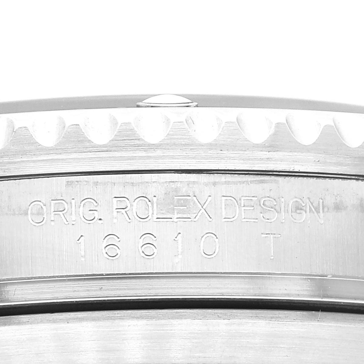 This image shows a close-up of the side of the Rolex Submariner 16610 Men
s Stainless Steel Black Dial 16610 Men
s Stainless Steel Black Dial model 16610, highlighting its original design engraving.