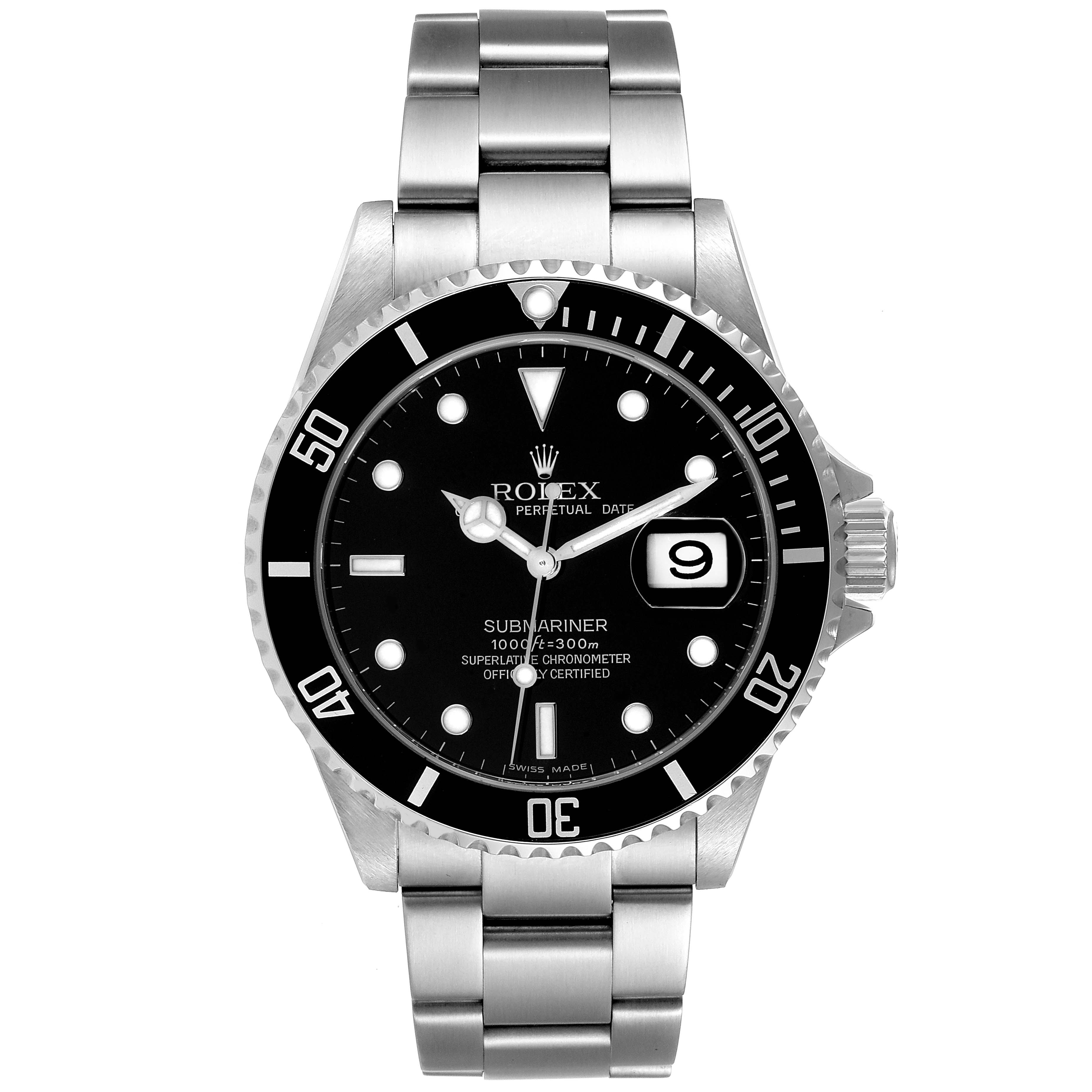 The image shows a front view of a Rolex Submariner 16610 Men
s Stainless Steel Black Dial 16610 Men
s Stainless Steel Black Dial watch, detailing the face, bezel, and bracelet.