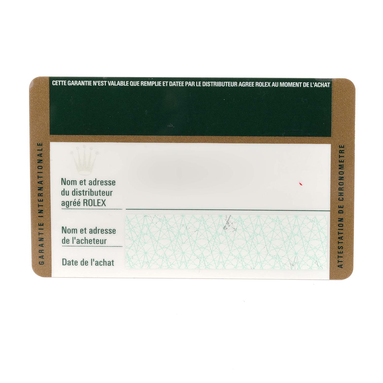 The image shows a blank warranty card for a Rolex Submariner 16610 Men
s Stainless Steel Black Dial 16610 Men
s Stainless Steel Black Dial watch.