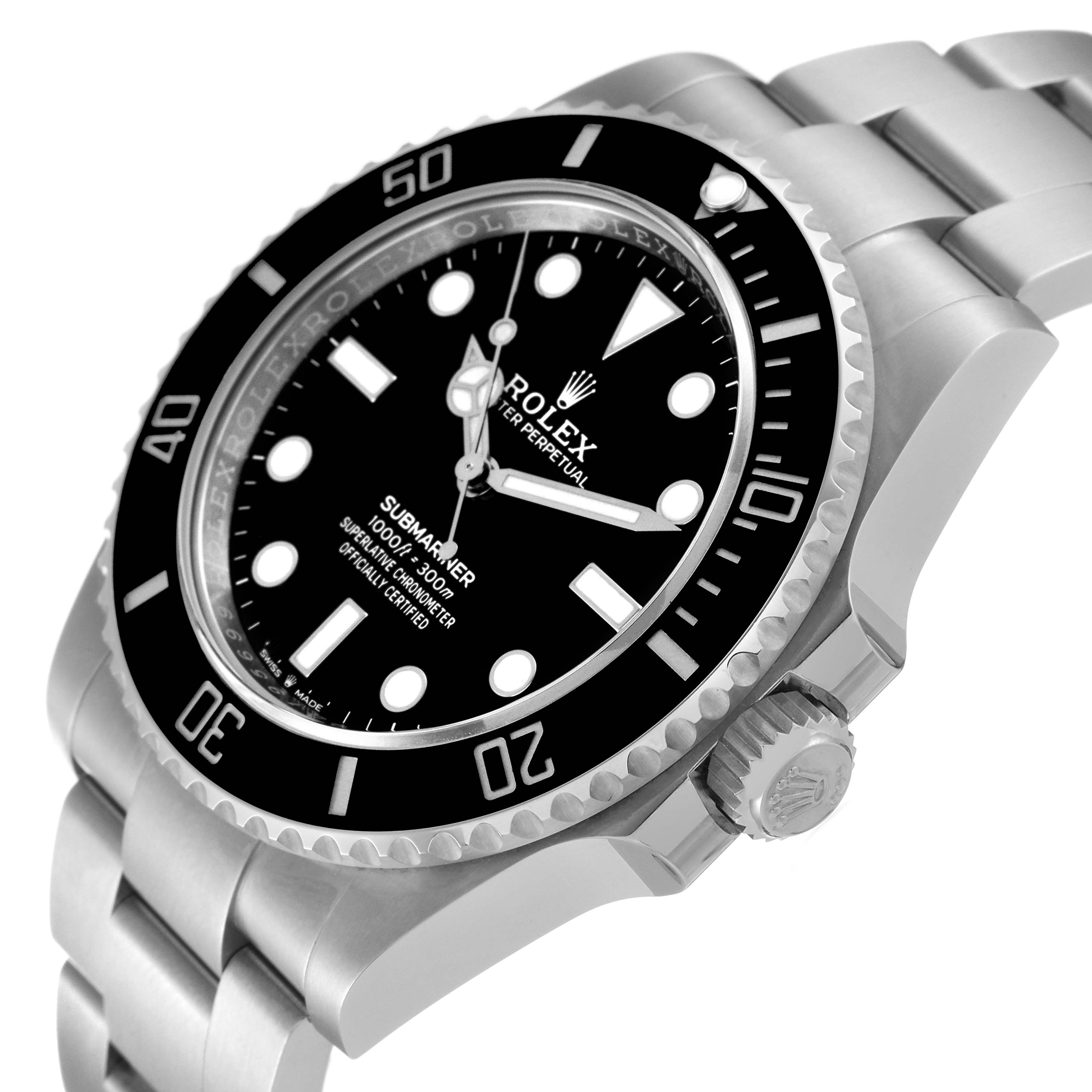 This image shows a side angle view of the Rolex Submariner 124060 Men
s Stainless Steel Black Dial 124060 Men
s Stainless Steel Black Dial watch, highlighting the bezel, dial, bracelet, and crown.
