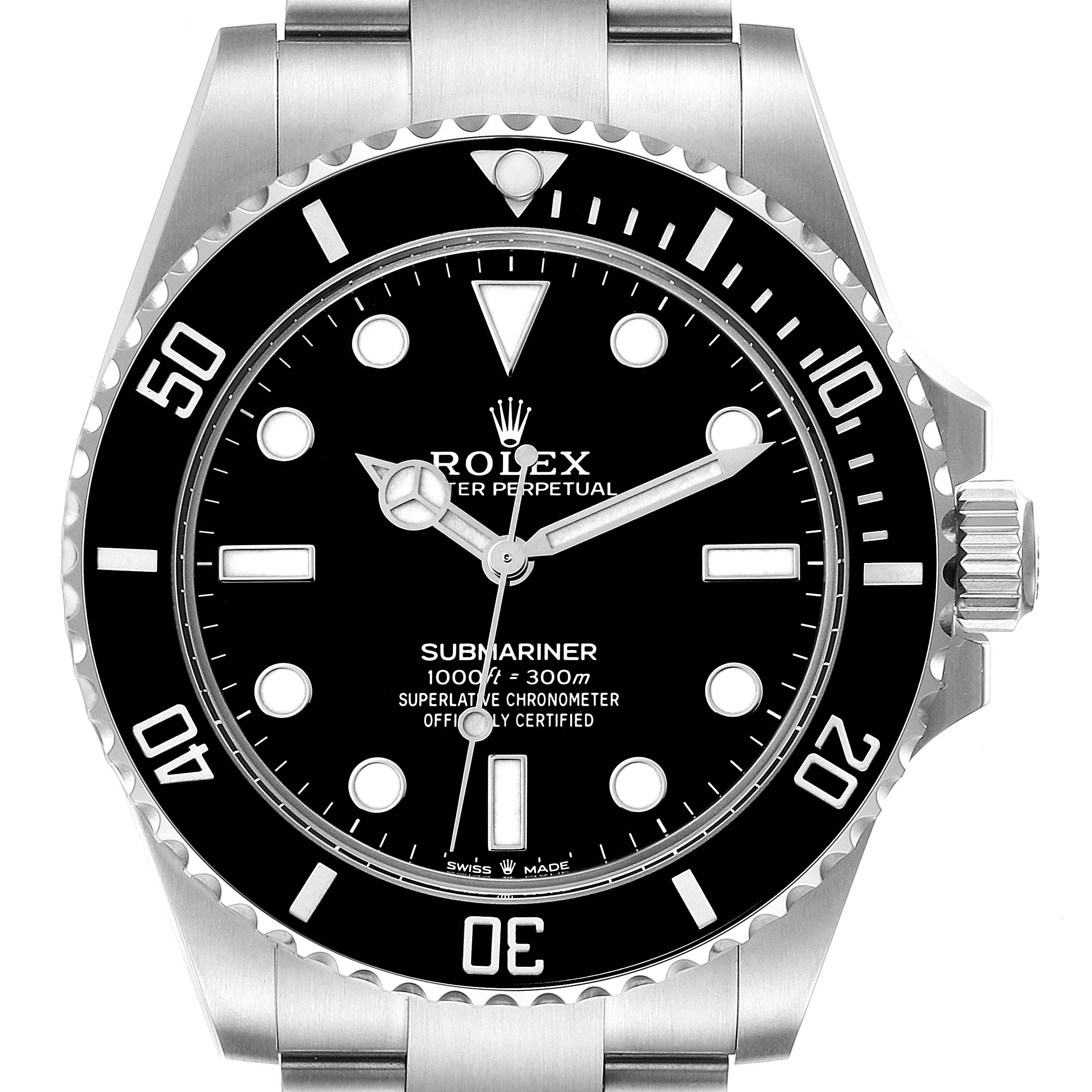 The image shows a front view of a Rolex Submariner 124060 Men
s Stainless Steel Black Dial 124060 Men
s Stainless Steel Black Dial with a black dial and bezel, luminescent hour markers, and a stainless steel bracelet.