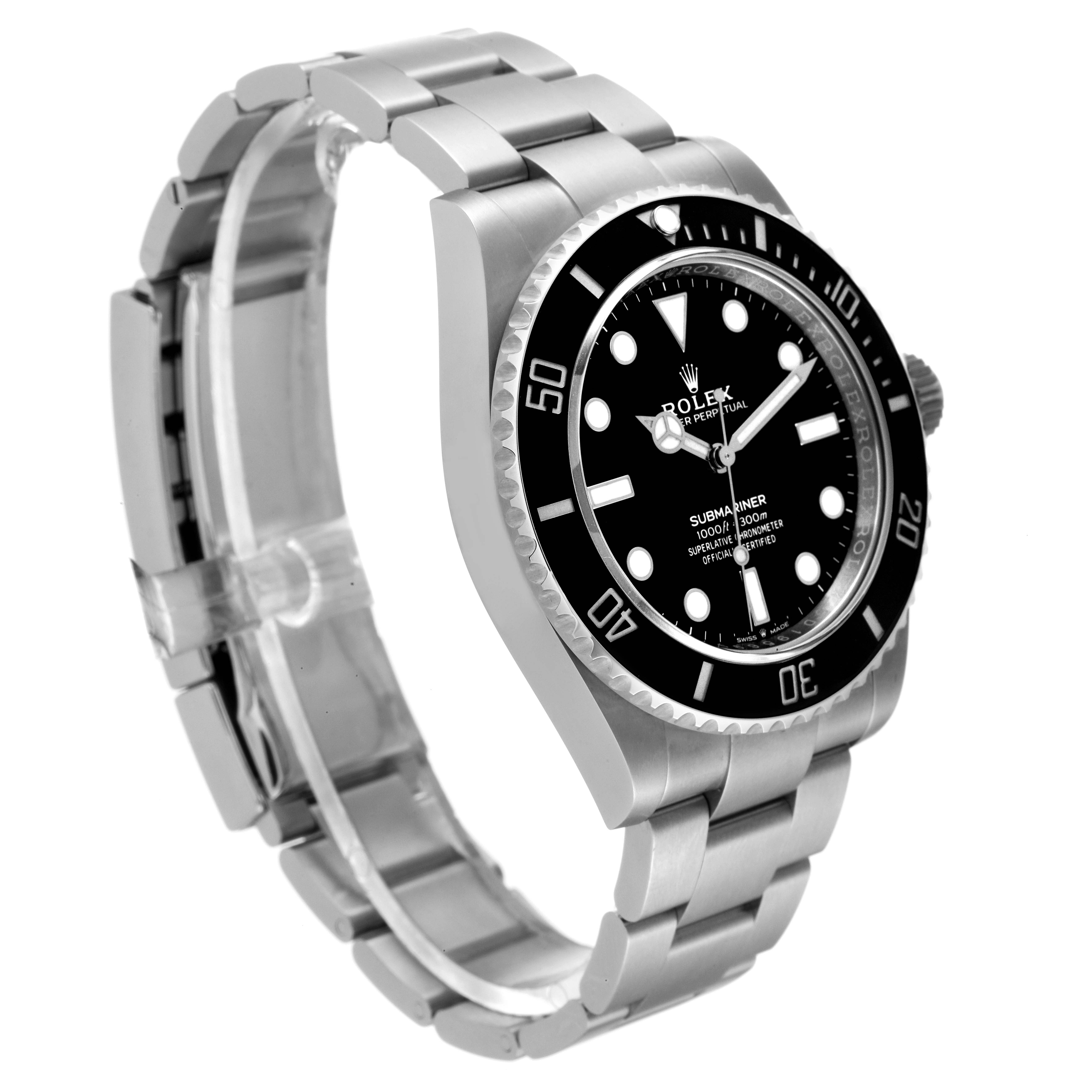 The image shows a Rolex Submariner 124060 Men
s Stainless Steel Black Dial 124060 Men
s Stainless Steel Black Dial watch at a three-quarter angle, highlighting the bezel, dial, and bracelet.