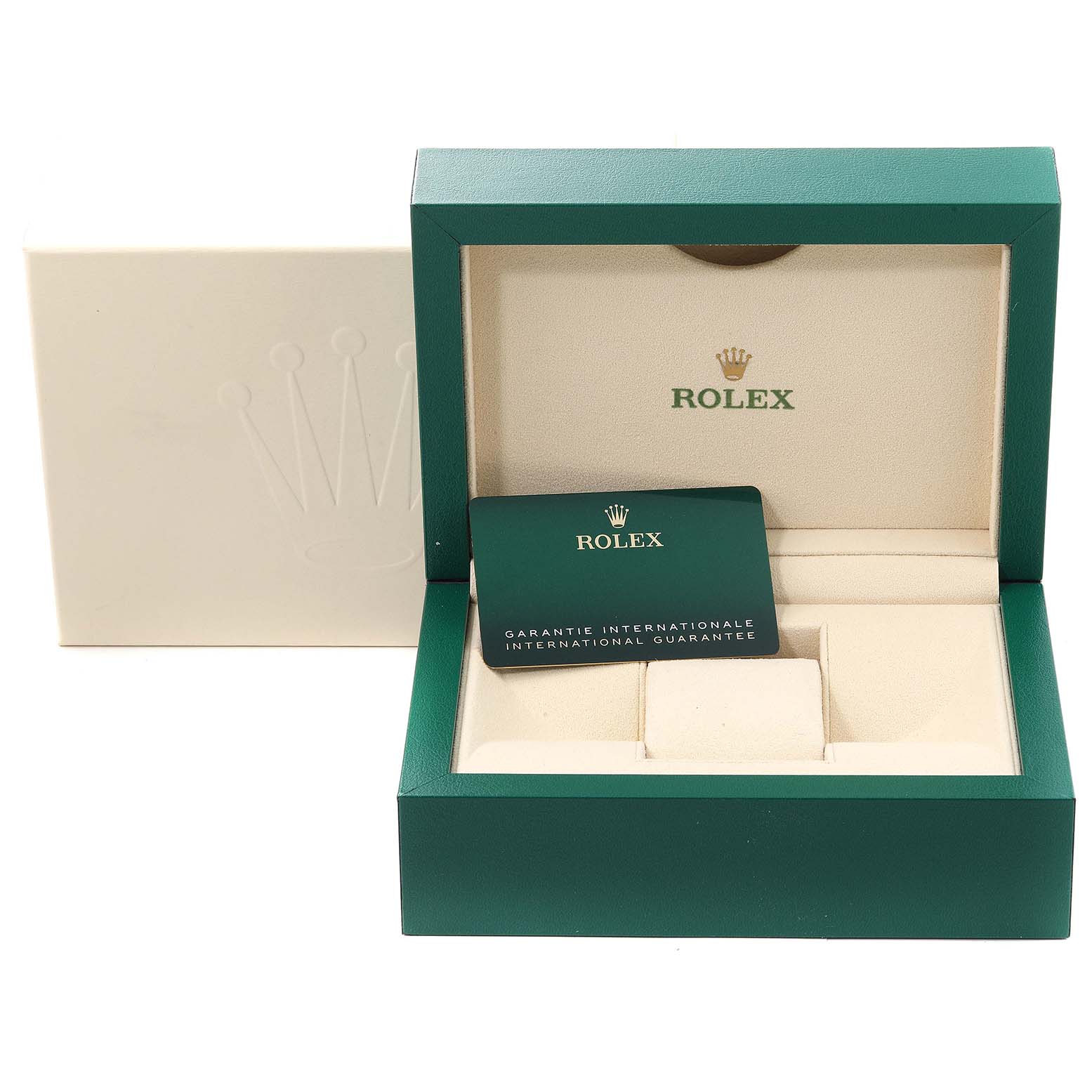 The image shows a Rolex Submariner 124060 Men
s Stainless Steel Black Dial 124060 Men
s Stainless Steel Black Dial watch box and guarantee card from a front angle.